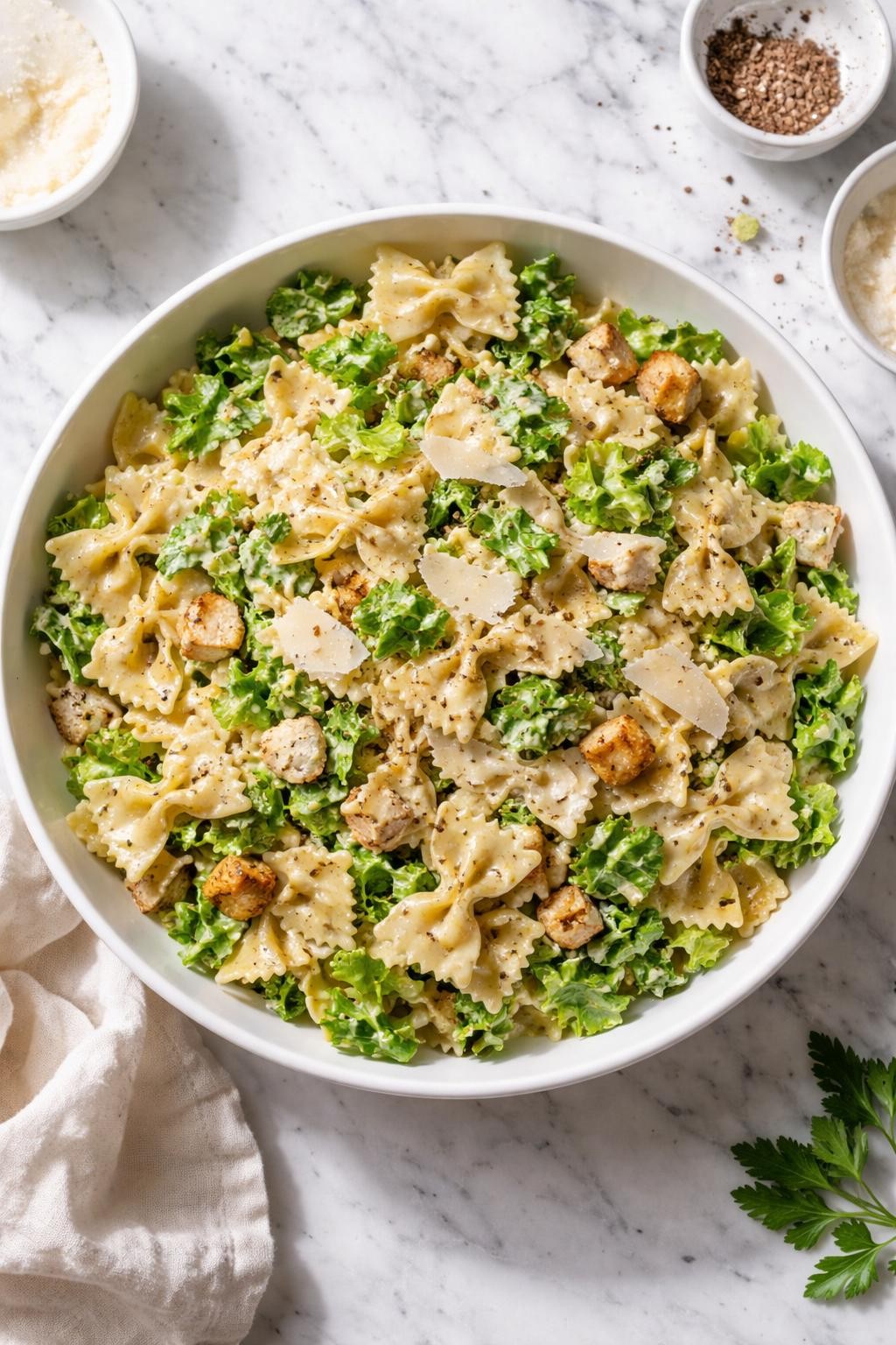 Image Prompt: Realistic top-down editorial food photography of creamy Caesar bowtie pasta salad in a large white bowl on a clean marble countertop, bowtie pasta tossed with chopped romaine, creamy Caesar dressing, parmesan shavings, and cracked black pepper, fresh homemade styling, bright natural daylight, soft shadows, no people, no hands, no text, no watermarks, no props with writing.