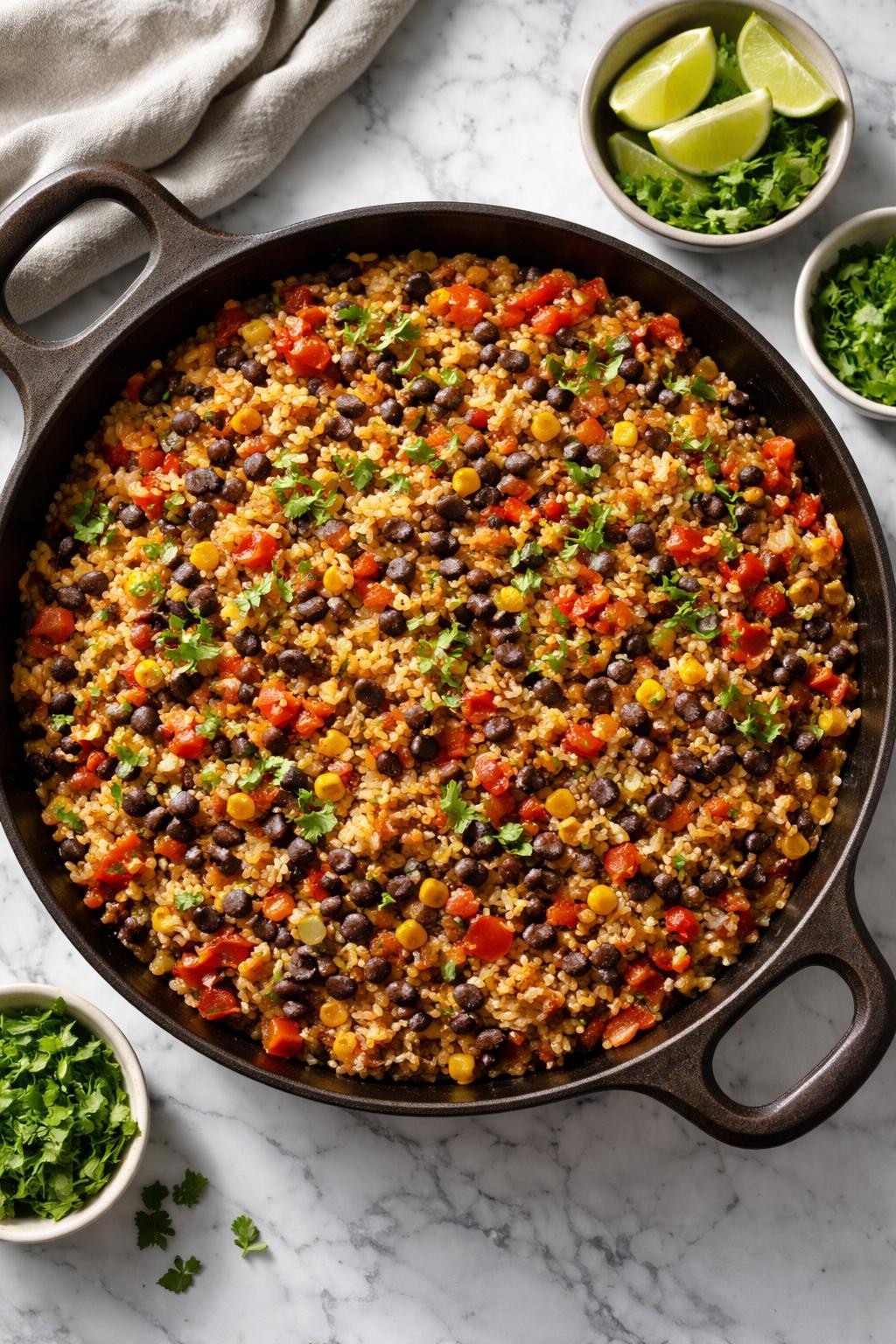 Image Prompt: Realistic top-down editorial food photography of a vegan bean and rice skillet on a clean white and gray marble countertop, one-pan dish with rice, black beans, tomatoes, corn, peppers, and cilantro in a rustic skillet, cozy homemade Mexican dinner mood, natural window lighting, soft shadows, clean composition, high detail, realistic food texture, no people, no hands, no text, no watermarks, no props with writing.
