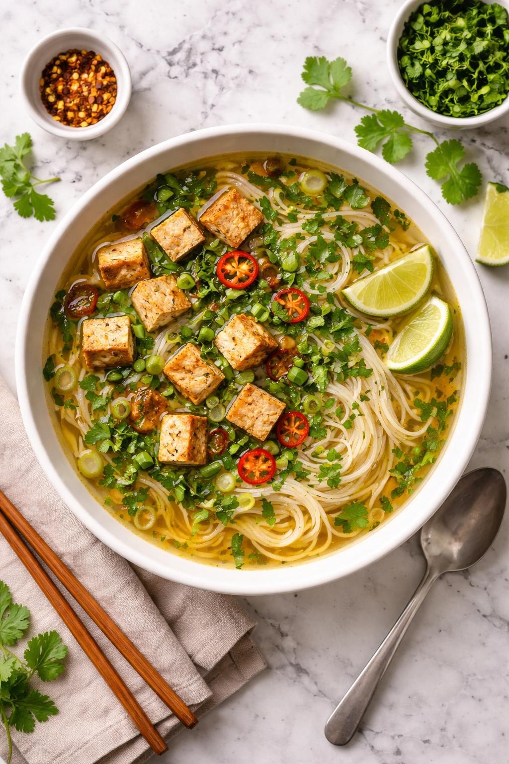 An overheard picture view of a plate of Simple Herb Tofu Noodle Soup sitting on a marble countertop table in the kitchen, professional food photography style.
