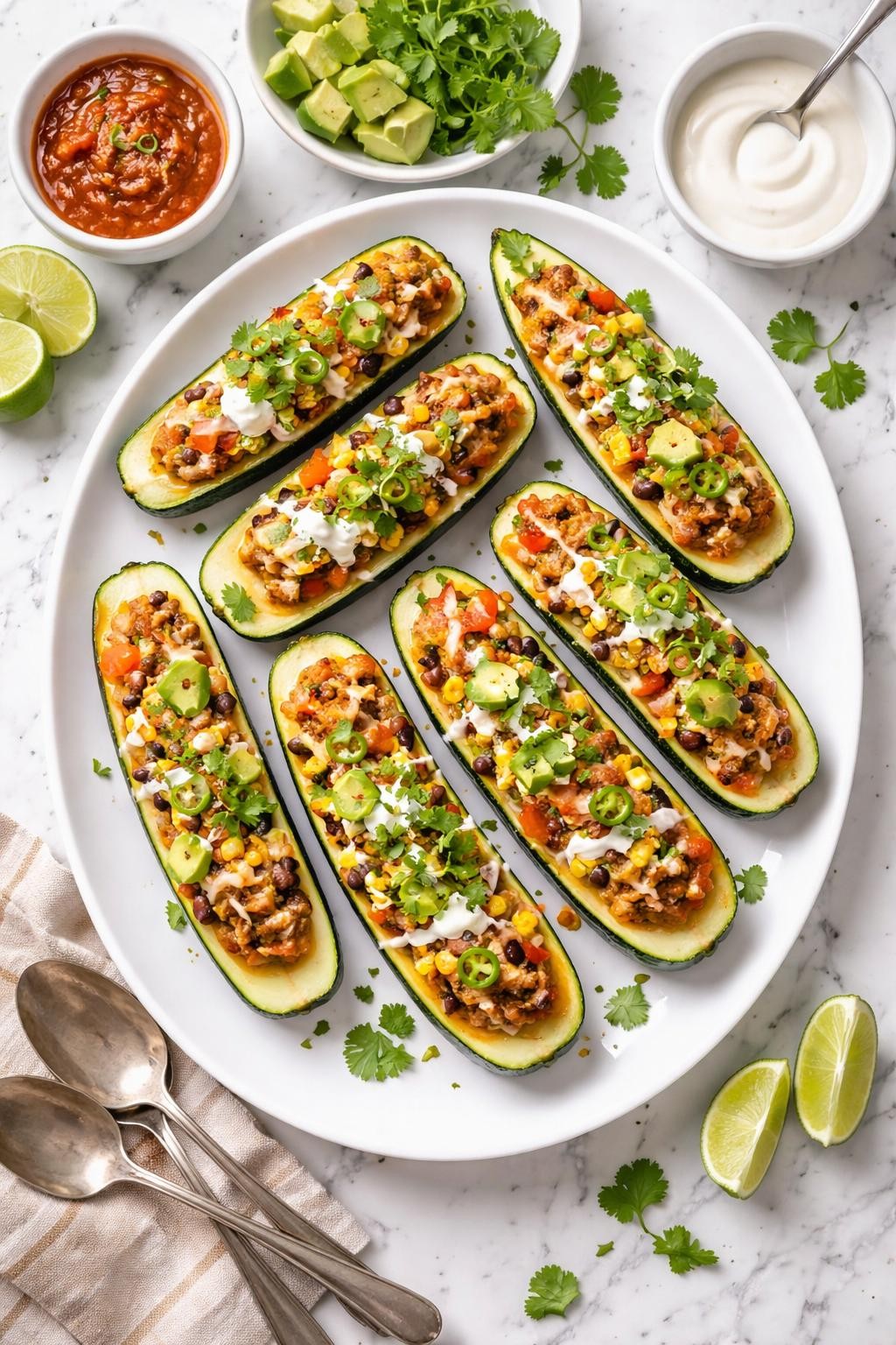 An overheard picture view of a plate of Zucchini Taco Boats sitting on a marble countertop table in the kitchen, professional food photography style.