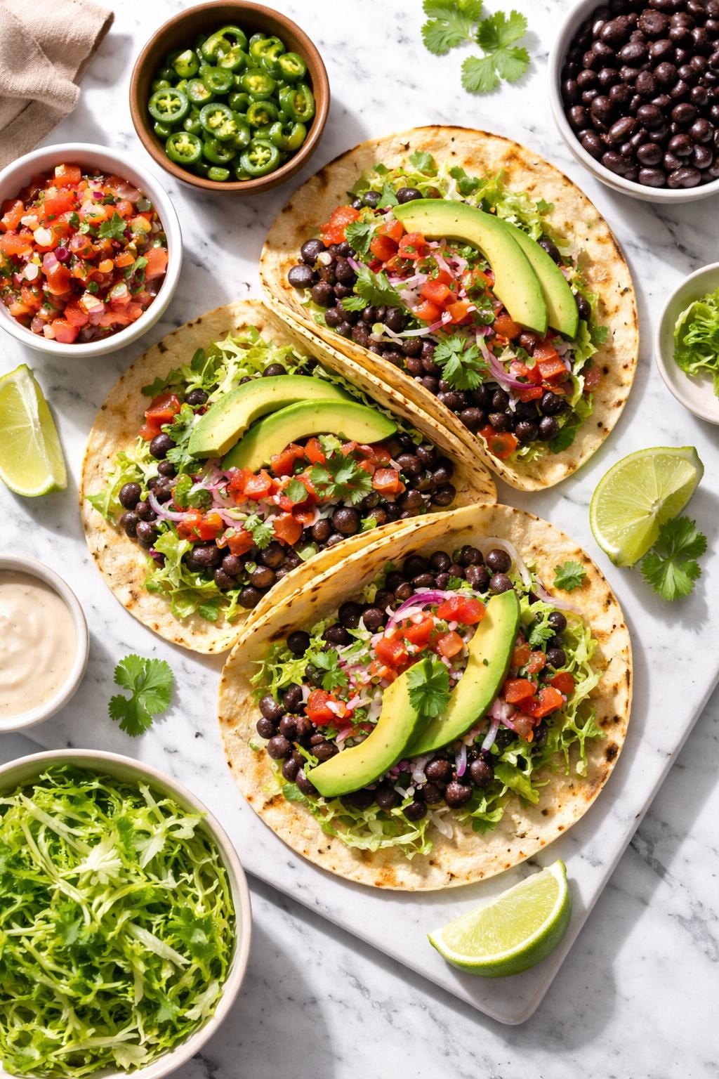 Image Prompt: Realistic top-down editorial food photography of vegan black bean tacos on a clean white and gray marble countertop, warm corn tortillas filled with seasoned black beans, shredded lettuce, diced tomatoes, avocado slices, red onion, cilantro, and lime wedges, colorful homemade taco night mood, bright natural window lighting, soft shadows, clean composition, high detail, realistic food texture, no people, no hands, no text, no watermarks, no props with writing.