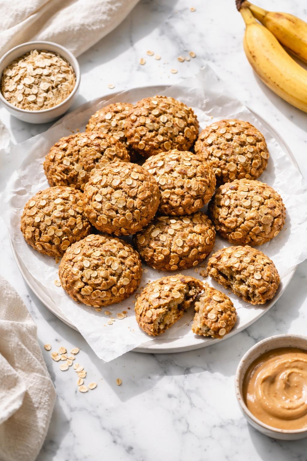 Image Prompt: Realistic top-down editorial food photography of vegan banana oat cookies on a white marble countertop, soft rustic cookies made with oats and mashed banana, a few broken open to show chewy texture, bright natural window lighting, clean homemade snack styling, high detail, no people, no hands, no text, no watermarks, no props with writing.