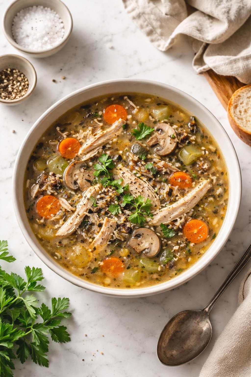 Image Prompt: Realistic top-down editorial food photography of a bowl of chicken and wild rice soup on a white marble countertop, earthy broth filled with shredded chicken, wild rice, carrots, celery, mushrooms, and herbs, cozy homemade soup mood, bright natural daylight, soft shadows, clean editorial food styling, high detail, realistic food texture, no people, no hands, no text, no watermarks, no props with writing.