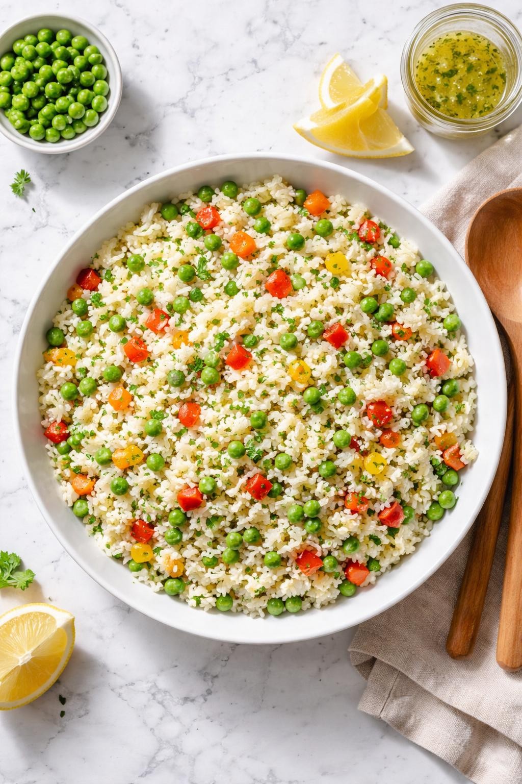 Image Prompt: Realistic top-down editorial food photography of a simple picnic rice salad in a white serving bowl on a clean white and gray marble countertop, cold rice mixed with peas, diced peppers, celery, and light tangy dressing, easy homemade side dish styling, bright natural daylight, soft shadows, clean editorial composition, high detail, realistic texture, no people, no hands, no text, no watermarks, no props with writing.