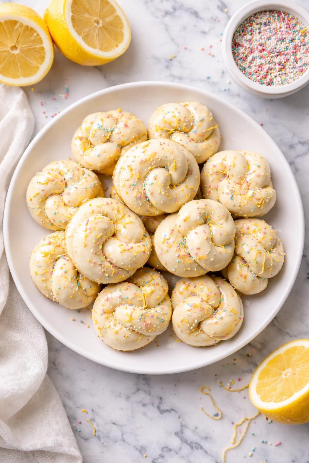 An overheard picture view of a plate of  Italian Lemon Knot Cookies  sitting on a marble countertop table in the kitchen, professional food photography style.
