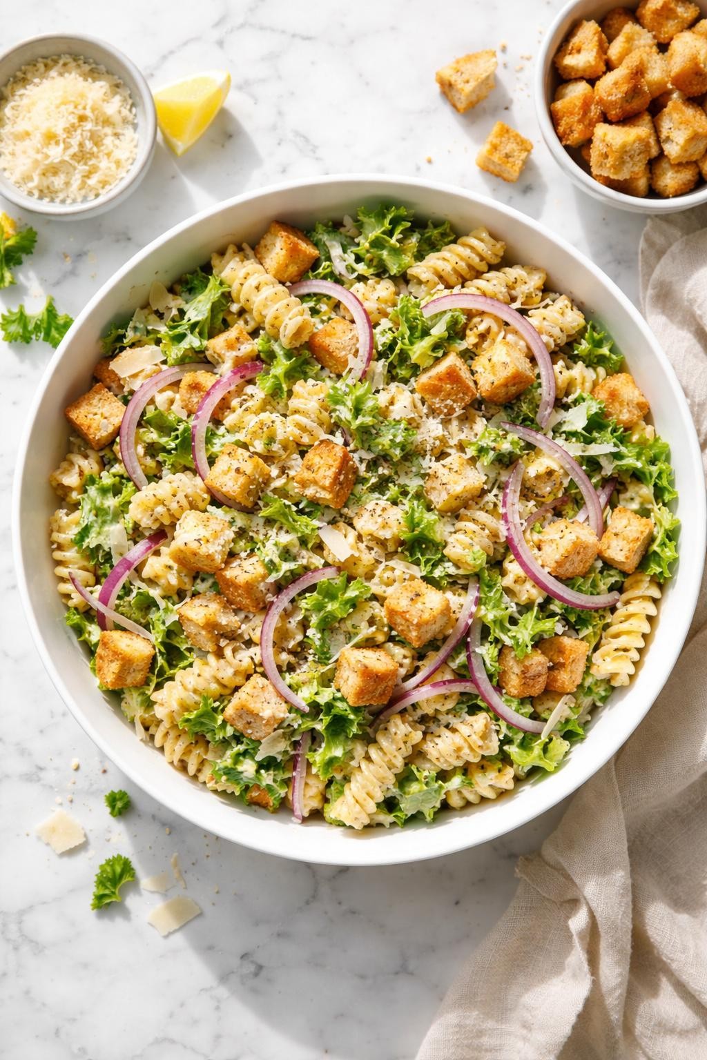 Image Prompt: Realistic top-down editorial food photography of Caesar pasta salad with red onion in a large white serving bowl on a clean white marble countertop, rotini pasta tossed with chopped romaine, thinly sliced red onion, creamy Caesar dressing, parmesan, and croutons, fresh homemade styling, bright natural light, soft shadows, no people, no hands, no text, no watermarks, no props with writing.