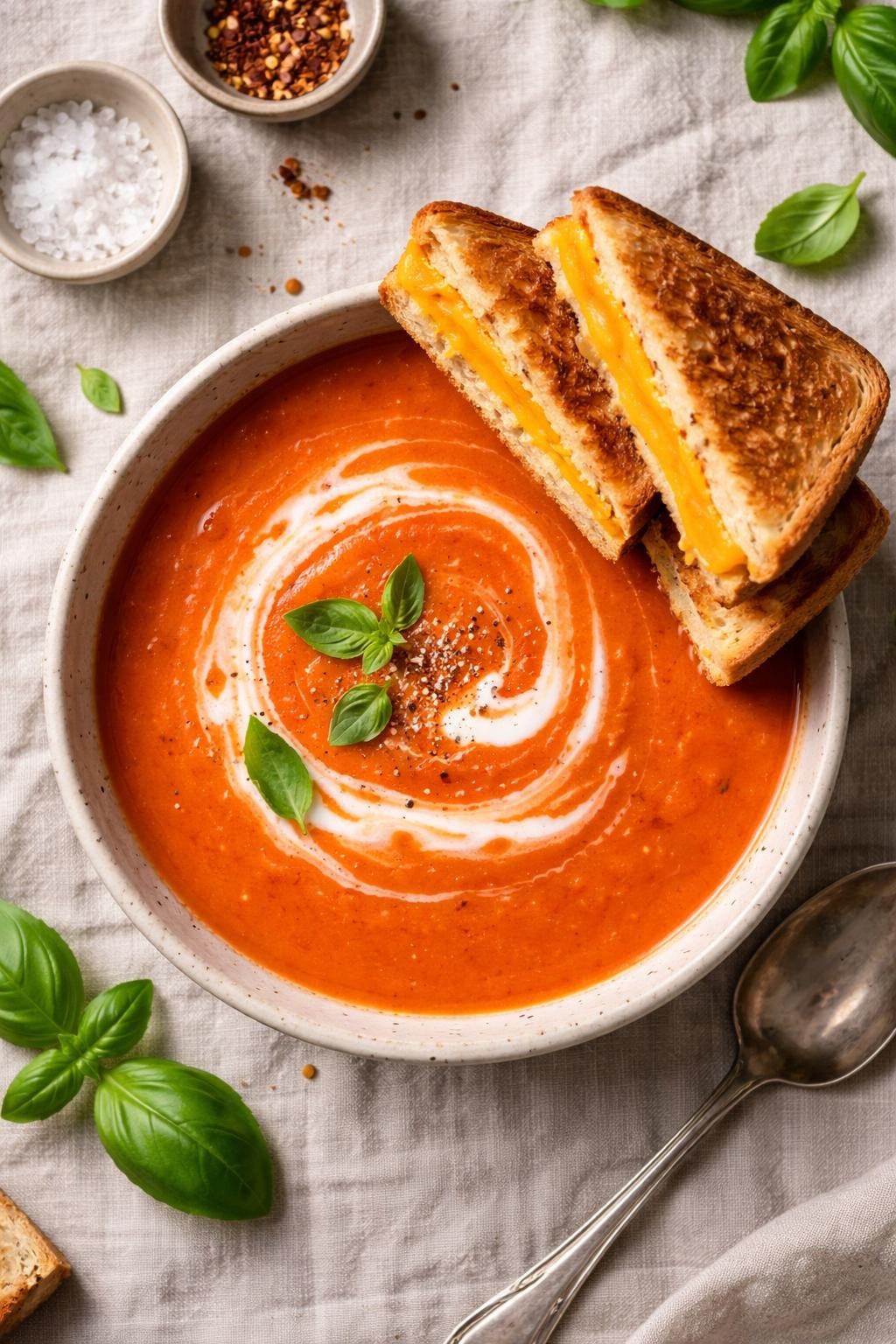 Prompt: Realistic top-down editorial food photography of a bowl of creamy tomato soup with a swirl of cream, a grilled cheese sandwich cut into triangles resting on the rim of the bowl. The sandwich shows melted cheddar between golden brown bread. A few basil leaves are scattered. Soft natural light, classic comforting dinner, no people, no hands, no text, no watermarks, no props with writing.