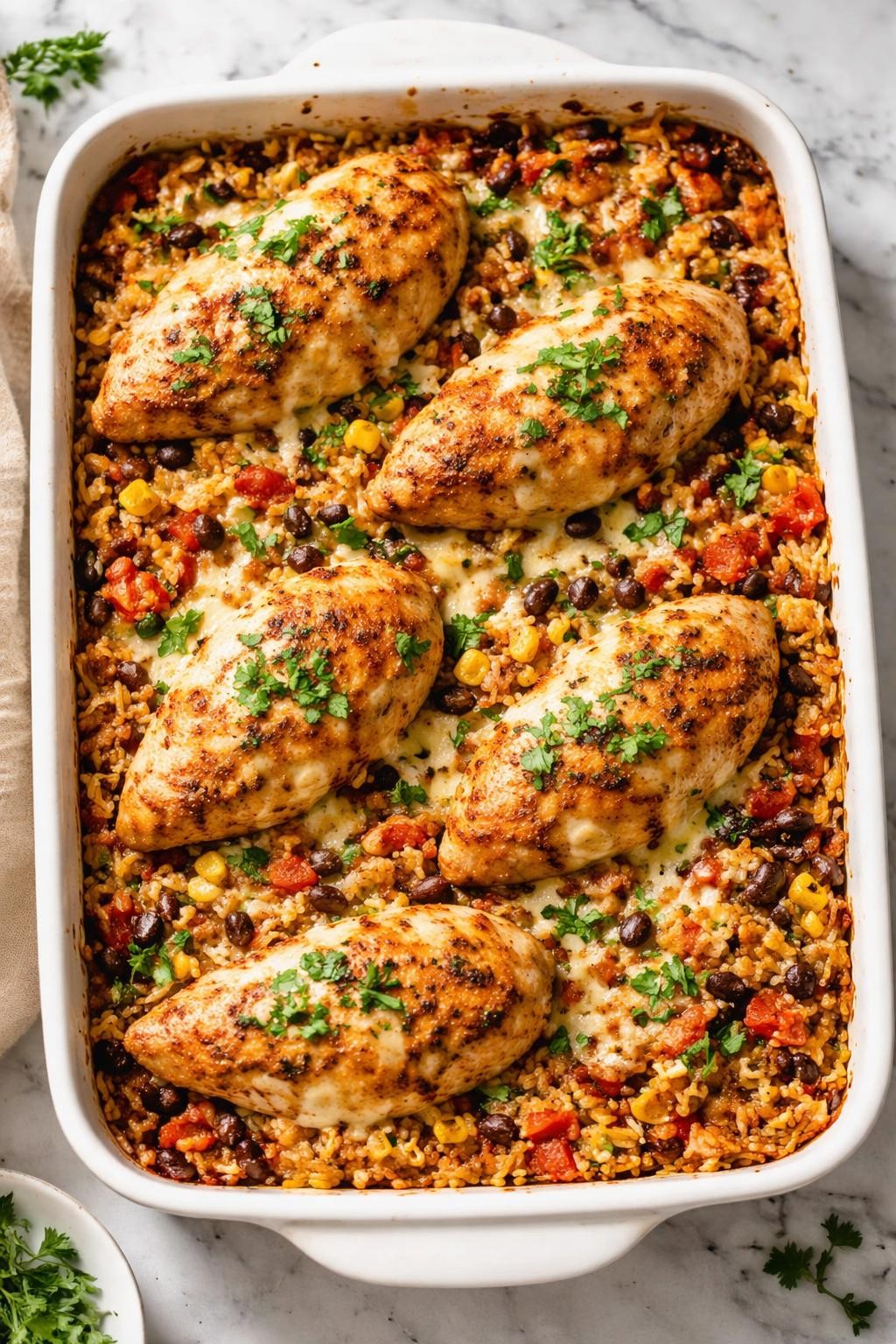 Image Prompt: Realistic top-down editorial food photography of Mexican chicken breast and rice bake in a casserole dish on a clean marble countertop, baked chicken breasts over seasoned rice with tomatoes, corn, black beans, and melted cheese, chopped cilantro on top, warm natural light, hearty homemade dinner feel, no people, no hands, no text, no watermarks, no props with writing.