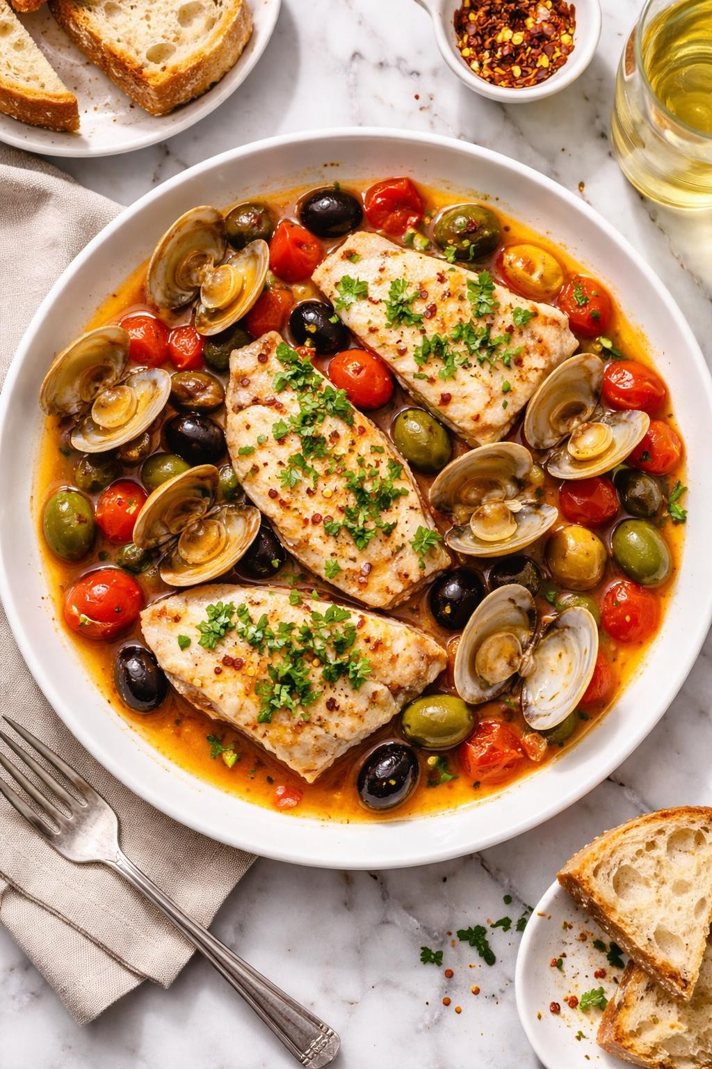 An overheard picture view of a plate of Neapolitan-Style Poached Fish with Clams and Olives sitting on a marble countertop table in the kitchen, professional food photography style.