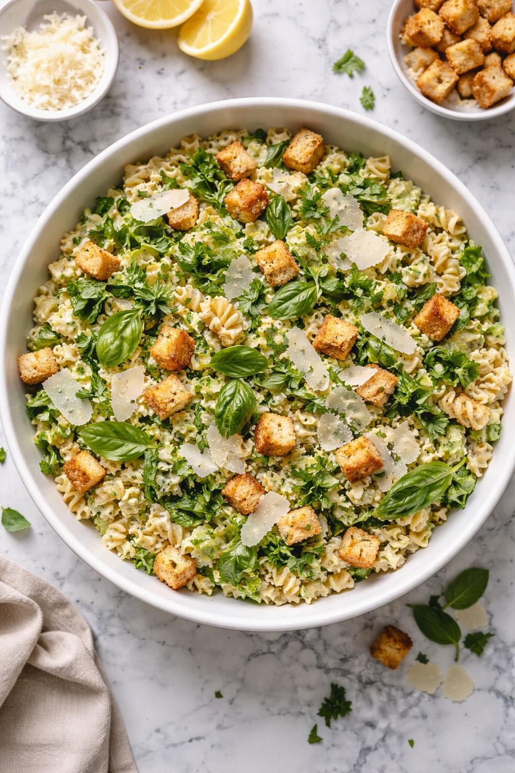 Image Prompt: Realistic top-down editorial food photography of Caesar pasta salad with parmesan and herbs in a large white serving bowl on a white and gray marble countertop, rotini pasta tossed with chopped romaine, creamy Caesar dressing, lots of shaved parmesan, parsley, basil, and crunchy croutons, fresh homemade styling, bright natural daylight, soft shadows, no people, no hands, no text, no watermarks, no props with writing.