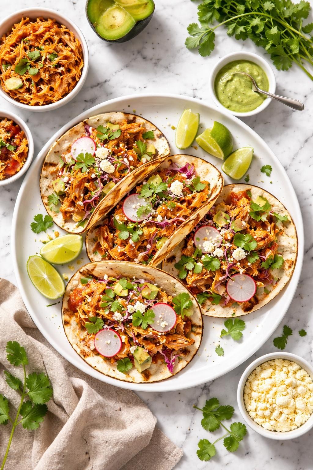 An overheard picture view of a plate of Healthy Chicken Tinga Tacos sitting on a marble countertop table in the kitchen, professional food photography style.