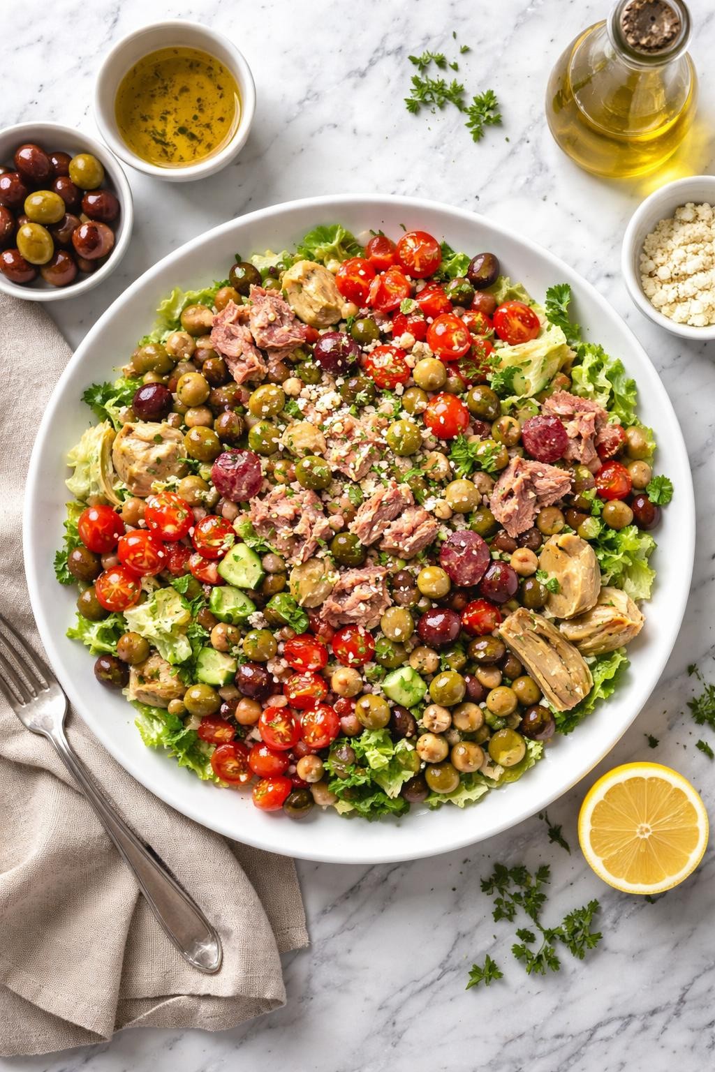 An overheard picture view of a plate of Mediterranean Tuna and Italian Chopped Salad sitting on a marble countertop table in the kitchen, professional food photography style.