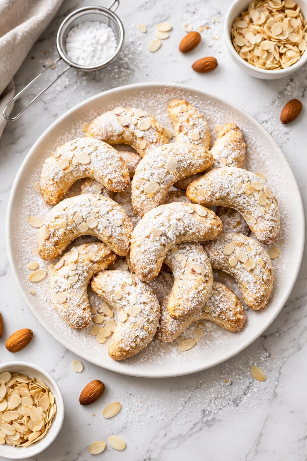 An overheard picture view of a plate of  Almond Crescent Cookies  sitting on a marble countertop table in the kitchen, professional food photography style.
