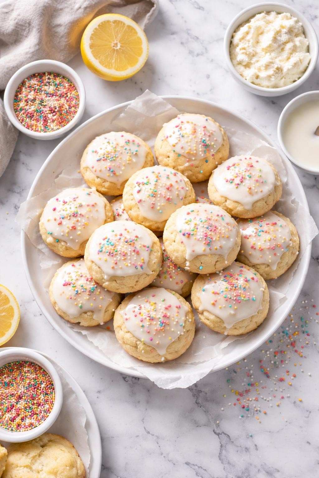 An overheard picture view of a plate of Ricotta Cookies   sitting on a marble countertop table in the kitchen, professional food photography style.
