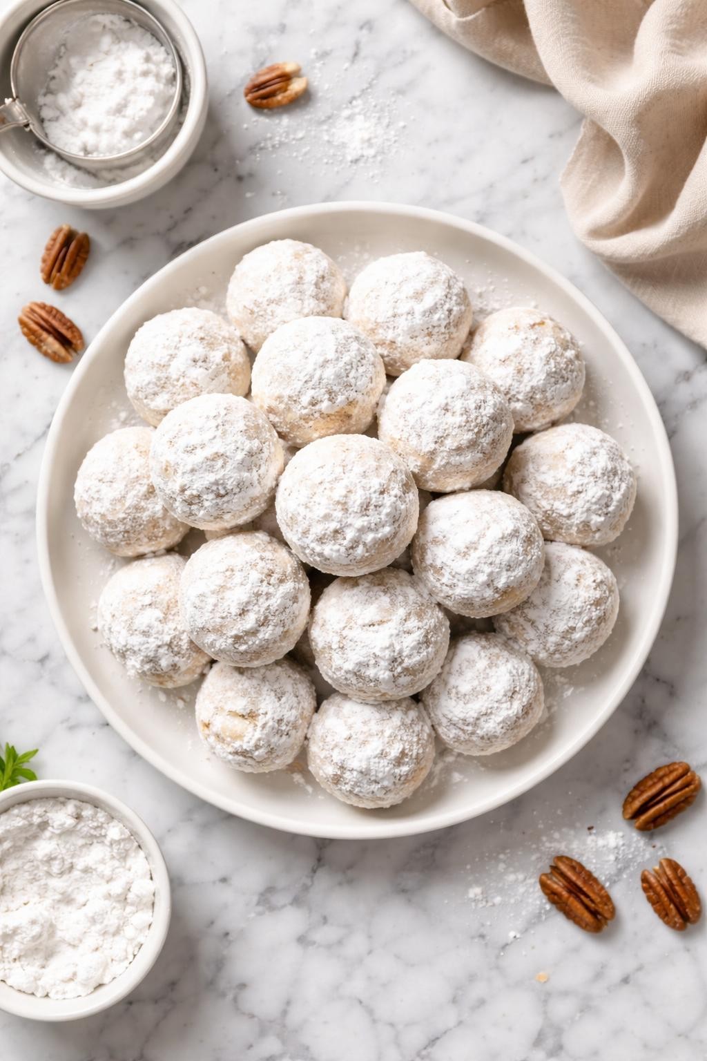 An overheard picture view of a plate of Italian Wedding Cookies   sitting on a marble countertop table in the kitchen, professional food photography style.
