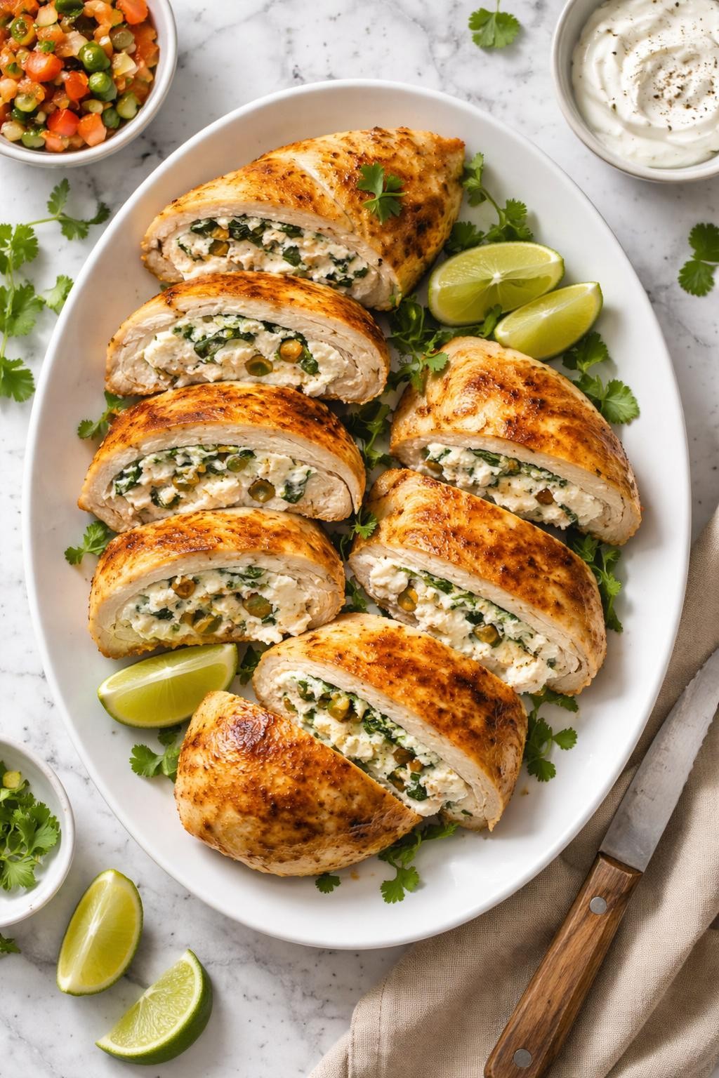 Image Prompt: Realistic top-down editorial food photography of sliced Mexican stuffed chicken breast on a white marble countertop, baked chicken breast filled with cream cheese, jalapeno, shredded cheese, and chopped spinach or peppers, golden outside with creamy filling visible, bright natural daylight, cozy homemade dinner styling, no people, no hands, no text, no watermarks, no props with writing.