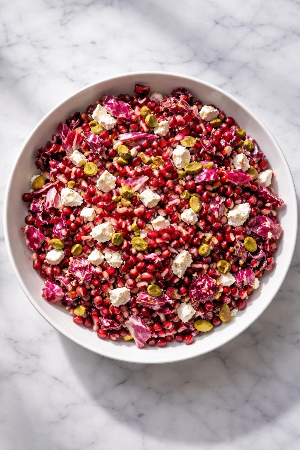 Image Prompt: Realistic top-down editorial food photography of a radicchio salad with pomegranate in a white bowl on a clean marble countertop, chopped radicchio with bright pomegranate seeds, crumbled feta, pistachios, and citrus dressing, bright natural window lighting, soft shadows, festive clean food styling, high detail, realistic food texture, no people, no hands, no text, no watermarks, no props with writing.