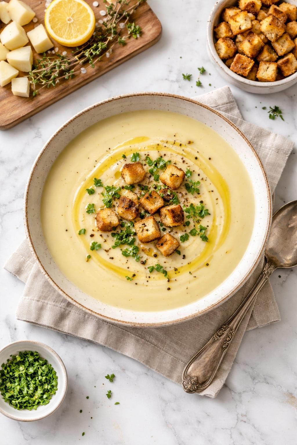 An overheard picture view of a plate of Creamy Celery Root Soup sitting on a marble countertop table in the kitchen, professional food photography style.