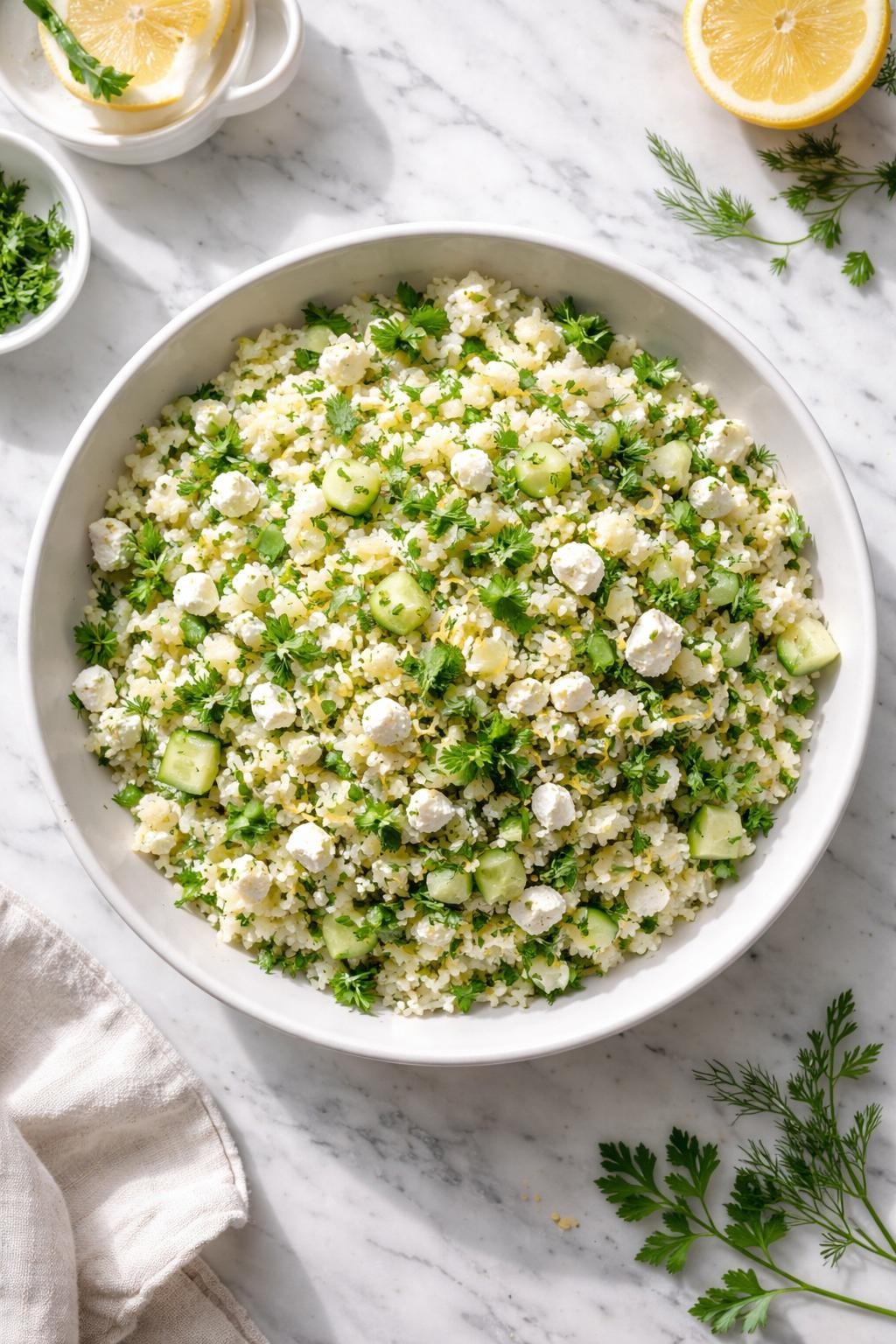 Image Prompt: Realistic top-down editorial food photography of a rice salad with feta and herbs in a shallow white bowl on a clean white and gray marble countertop, fluffy cold rice mixed with feta cheese, parsley, dill, cucumber, and lemon dressing, fresh homemade meal prep lunch styling, bright natural window lighting, soft shadows, clean composition, high detail, realistic texture, no people, no hands, no text, no watermarks, no props with writing.