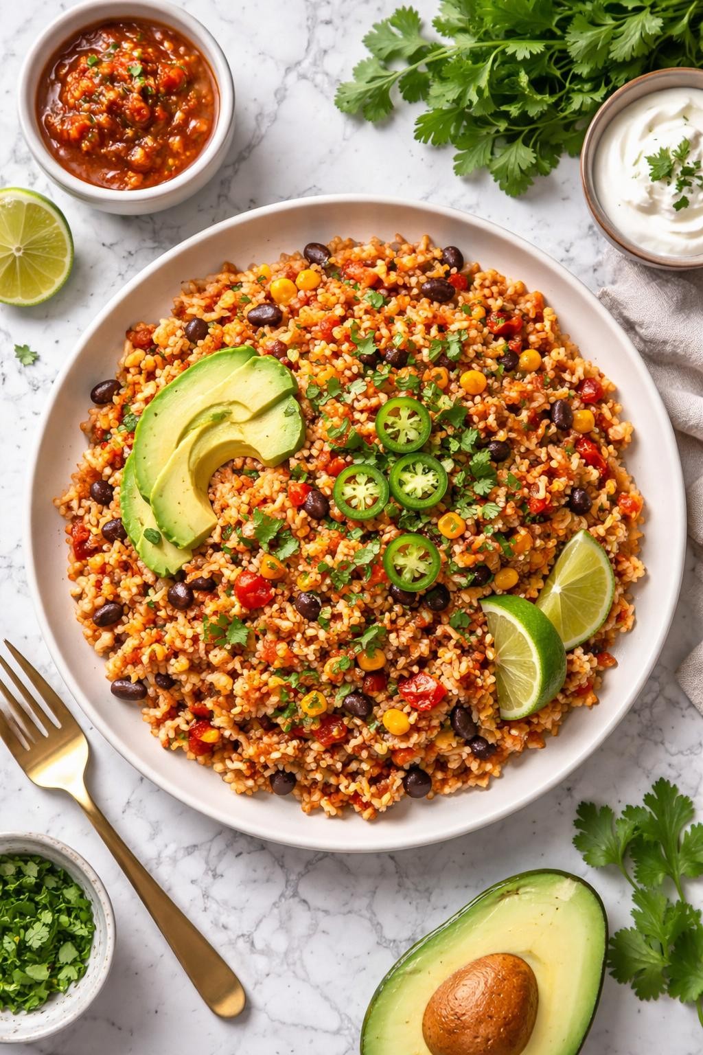An overheard picture view of a plate of One-Pot Mexican Rice sitting on a marble countertop table in the kitchen, professional food photography style.
