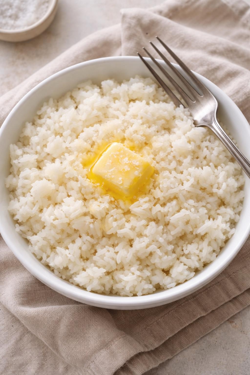 "Top-down realistic photo of a white bowl filled with fluffy white rice, a pat of butter melting into it, and a light sprinkle of salt. A fork resting on the rim. Soft natural light, simple and comforting side dish or meal, no people, no hands, no text, no watermarks."