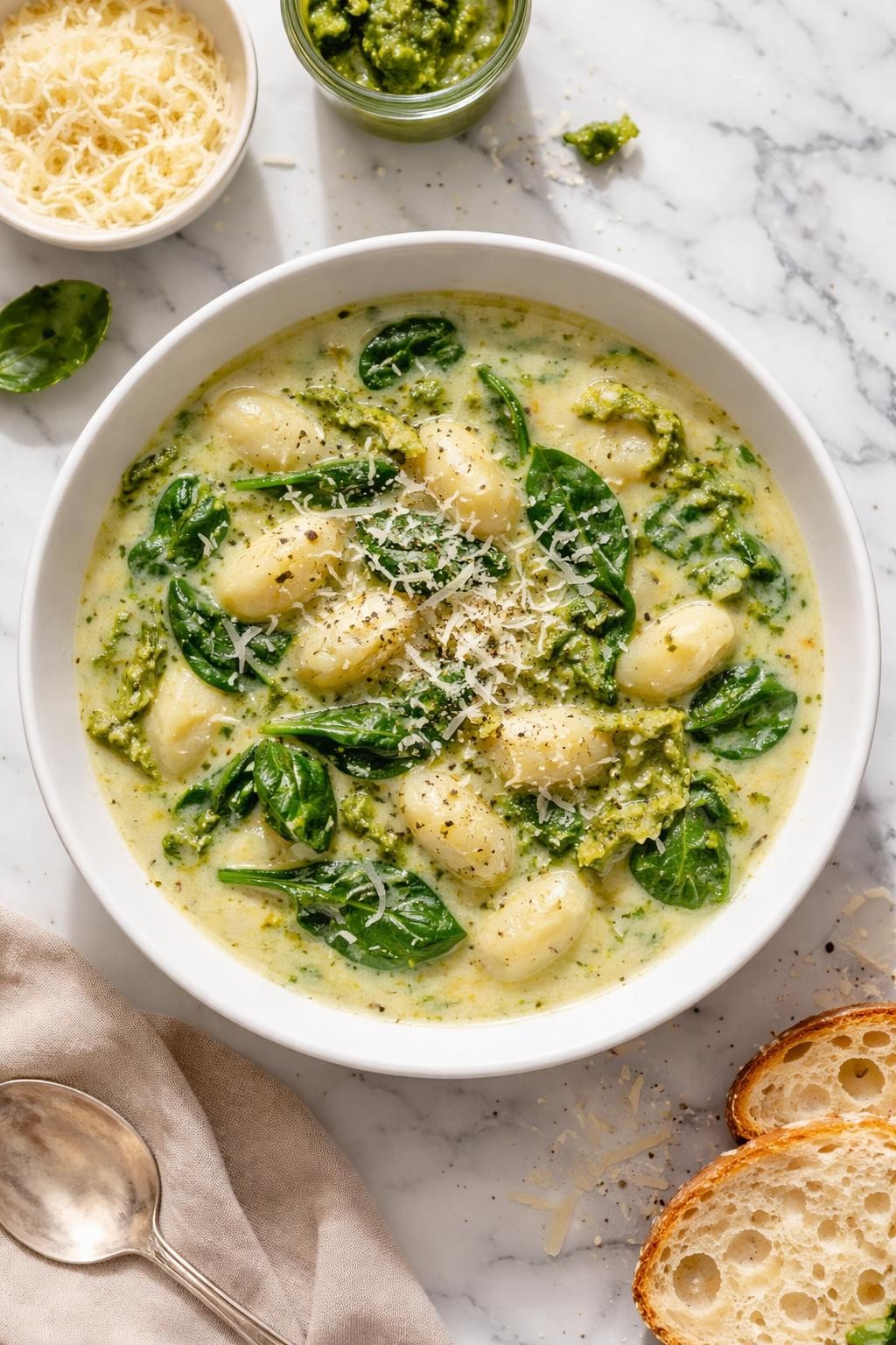 Image Prompt: Realistic top-down editorial food photography of pesto gnocchi soup in a white bowl on a clean white and gray marble countertop, light creamy soup with soft gnocchi, green pesto swirled through the broth, spinach, and parmesan, fresh cozy homemade styling, bright natural daylight, soft shadows, no people, no hands, no text, no watermarks, no props with writing.