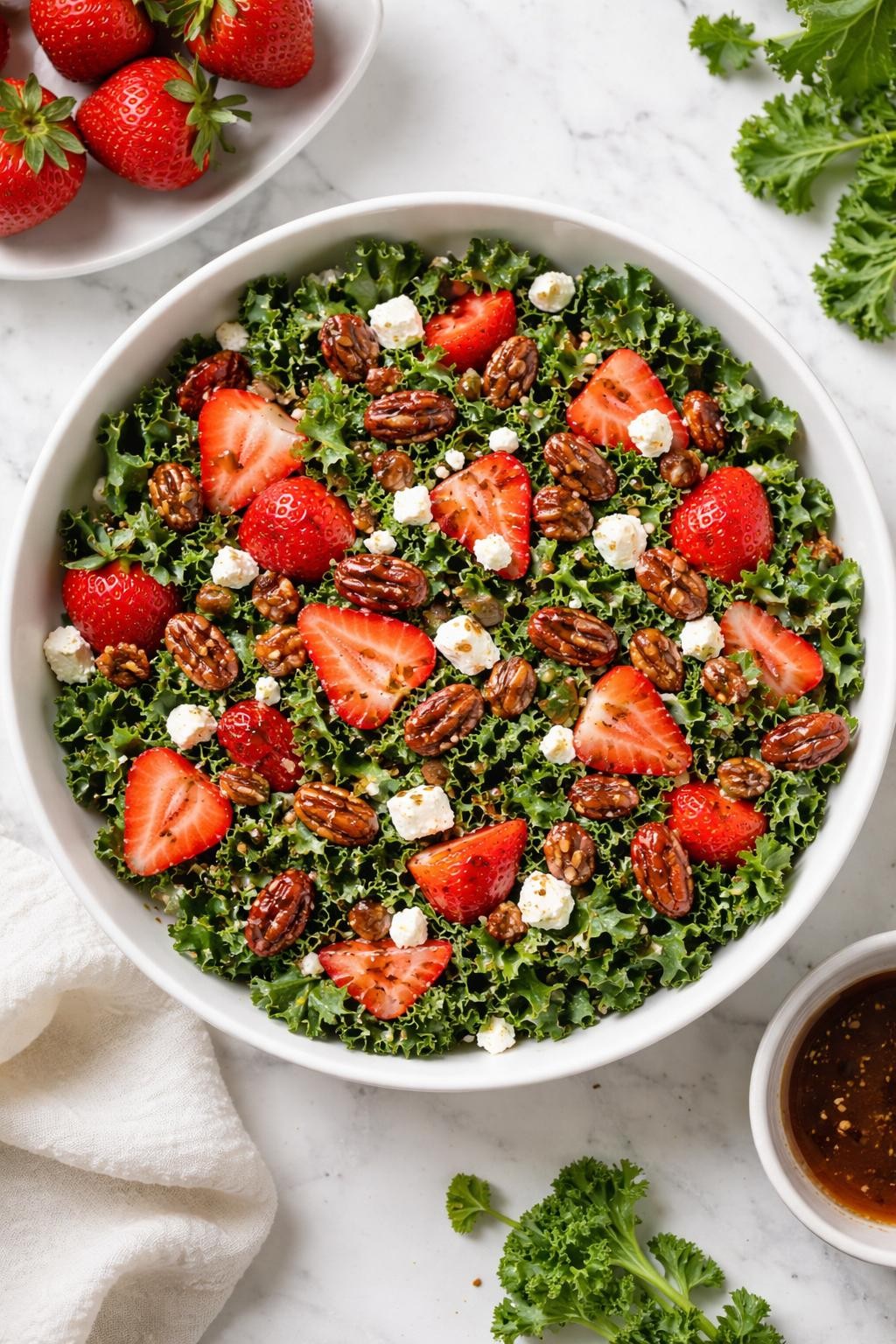 Image Prompt: Realistic top-down editorial food photography of a healthy strawberry kale salad in a white bowl on a marble countertop, chopped kale with sliced strawberries, feta, and candied pecans, light balsamic dressing, bright natural light, fresh spring salad styling, no people, no hands, no text, no watermarks, no props with writing.