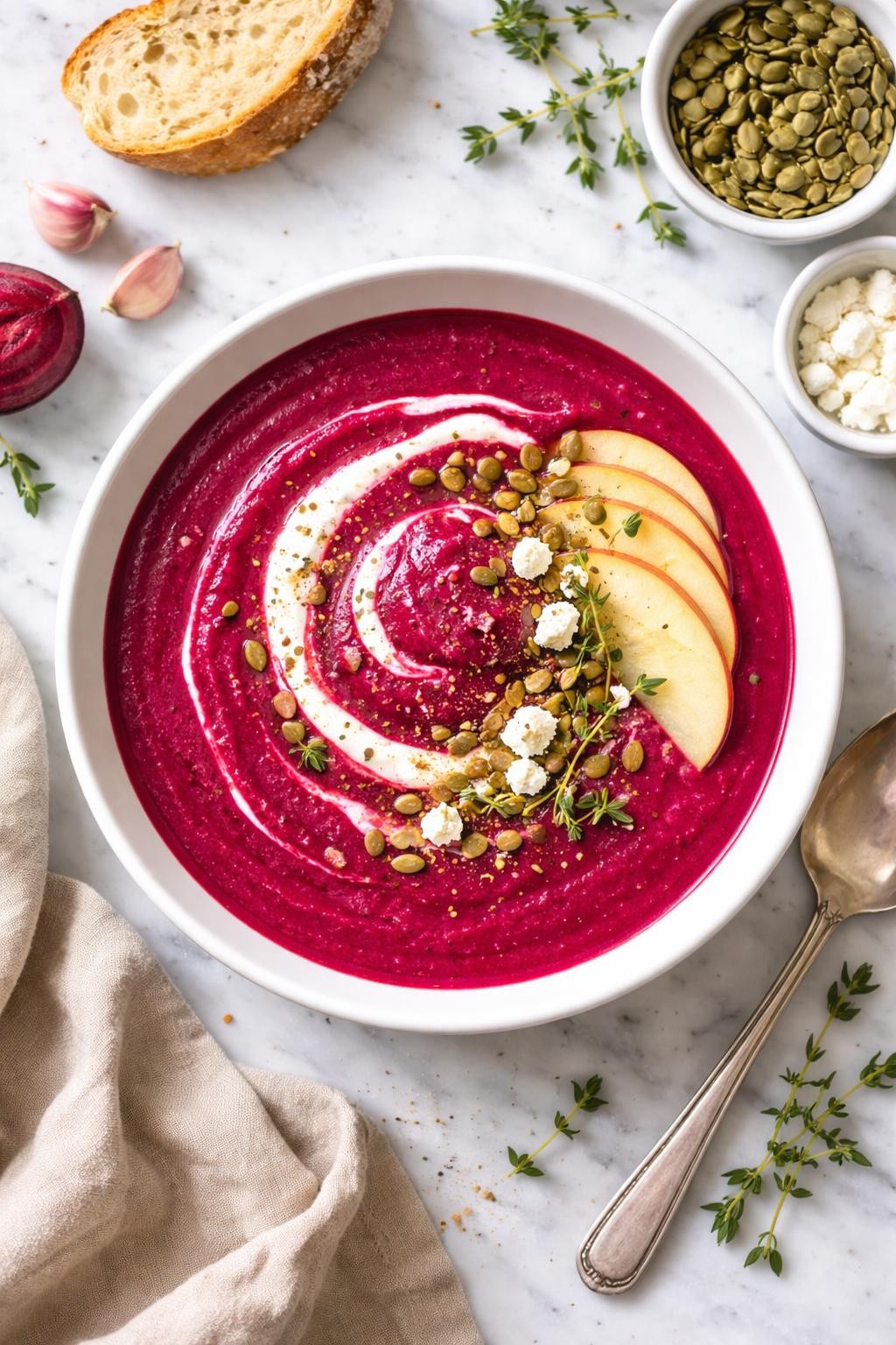 An overheard picture view of a plate of Roasted Beet and Apple Soup sitting on a marble countertop table in the kitchen, professional food photography style.