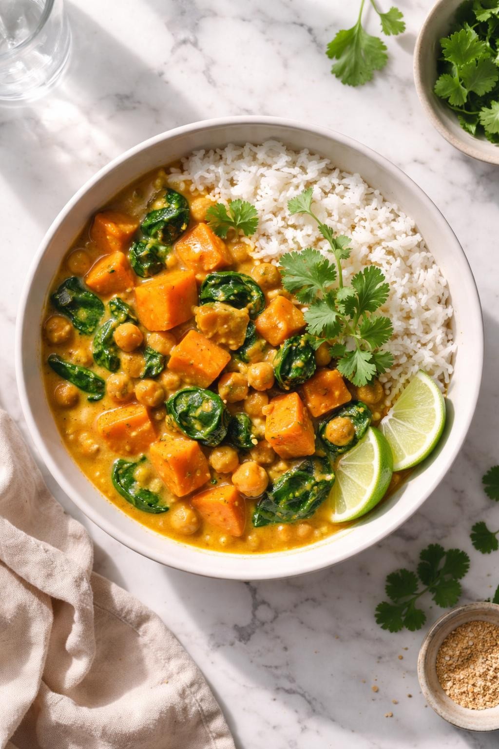 Image Prompt: Realistic top-down editorial food photography of a bowl of Instant Pot sweet potato curry on a white marble countertop, filled with sweet potato cubes, chickpeas, spinach, and a creamy golden coconut curry sauce, topped with cilantro and served with rice, cozy homemade dinner styling, bright natural daylight, soft shadows, clean editorial composition, high detail, realistic texture, no people, no hands, no text, no watermarks, no props with writing.