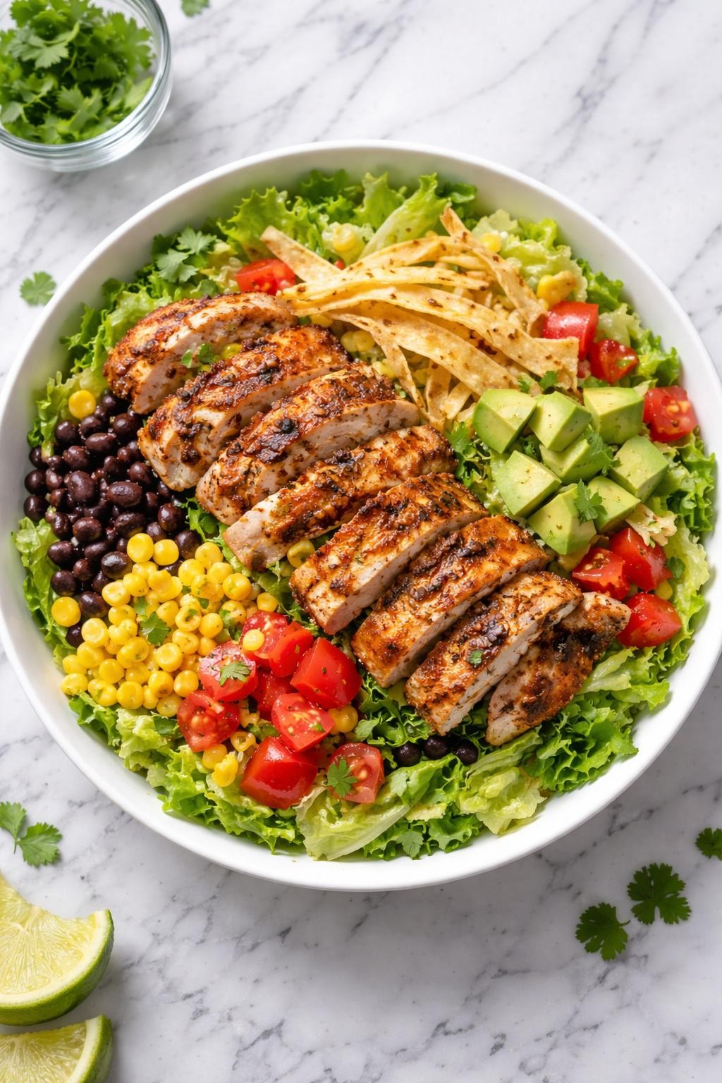 Image Prompt: Realistic top-down editorial food photography of a Mexican chicken thigh taco salad in a wide white bowl on a clean white and gray marble countertop, chopped lettuce topped with sliced seasoned chicken thighs, black beans, corn, tomatoes, avocado, and tortilla strips, bright fresh dinner styling, natural light, no people, no hands, no text, no watermarks, no props with writing.
