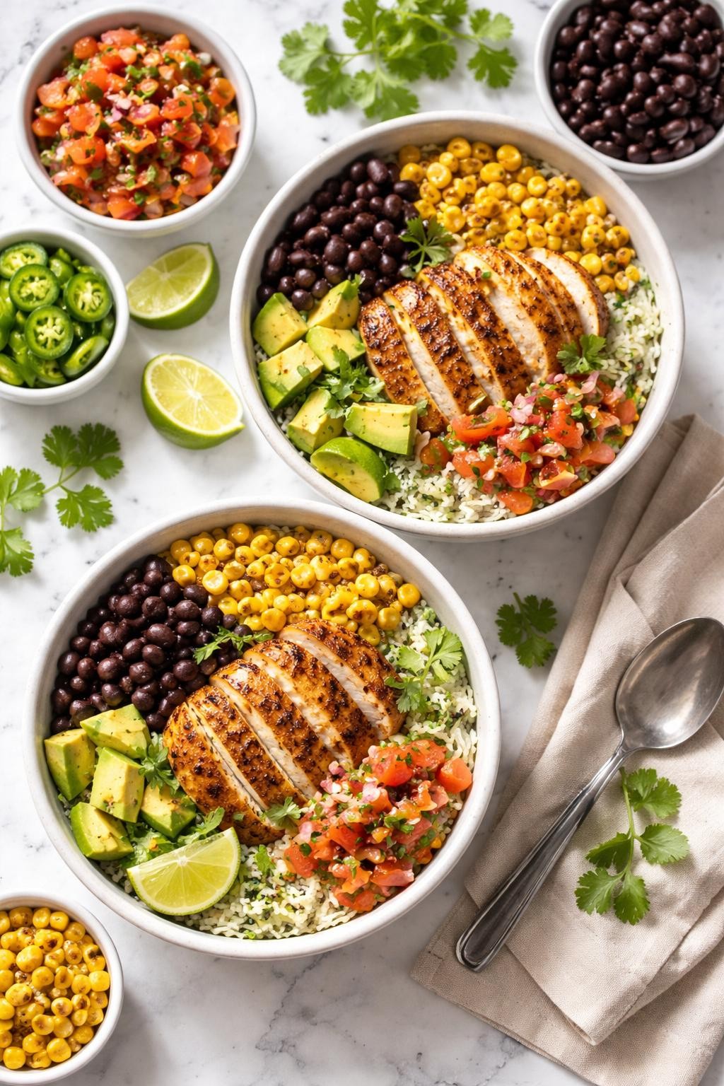 Image Prompt: Realistic top-down editorial food photography of homemade Mexican chicken breast burrito bowls on a white marble countertop, bowls filled with sliced seasoned chicken, rice, black beans, corn, avocado, salsa, and cilantro, bright natural daylight, fresh colorful meal prep style, clean composition, no people, no hands, no text, no watermarks, no props with writing.