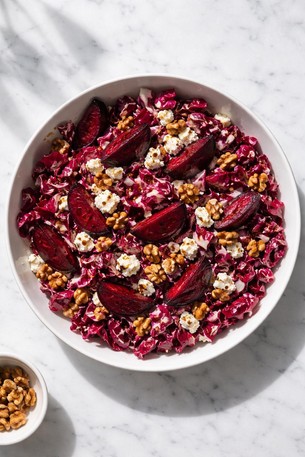 Image Prompt: Realistic top-down editorial food photography of a radicchio salad with roasted beets in a white serving bowl on a marble countertop, chopped radicchio with roasted beet wedges, goat cheese, walnuts, and balsamic dressing, bright natural daylight, soft shadows, clean homemade styling, realistic food texture, no people, no hands, no text, no watermarks, no props with writing.