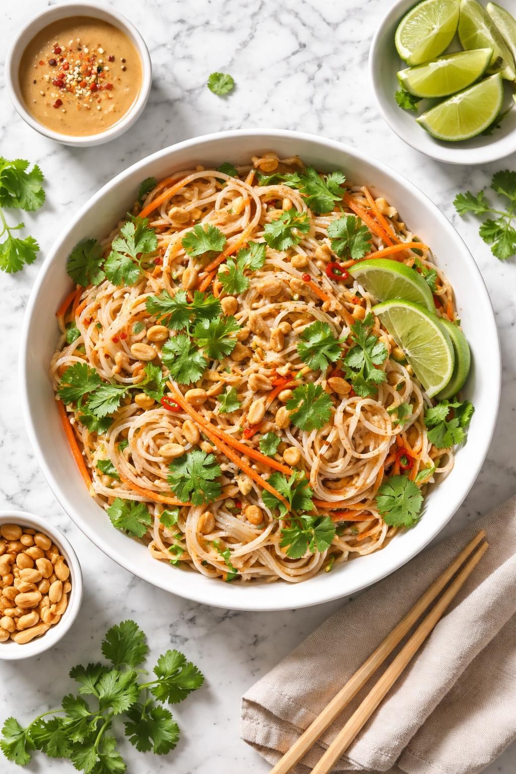 Image Prompt: Realistic top-down editorial food photography of a Thai-inspired rice noodle salad on a clean white and gray marble countertop, rice noodles mixed with carrots, cucumber, cilantro, peanuts, and lime peanut dressing in a bright white bowl, fresh homemade dinner styling, bright natural window lighting, soft shadows, clean composition, high detail, realistic food texture, no people, no hands, no text, no watermarks, no props with writing.