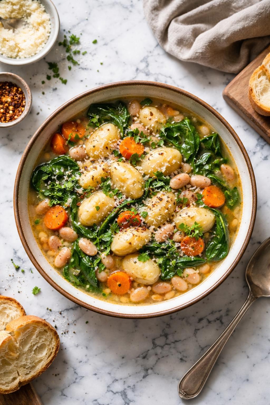 Image Prompt: Realistic top-down editorial food photography of gnocchi white bean soup in a rustic bowl on a white and gray marble countertop, savory broth with soft gnocchi, white beans, spinach, carrots, and herbs, cozy homemade meal styling, bright natural daylight, soft shadows, no people, no hands, no text, no watermarks, no props with writing.