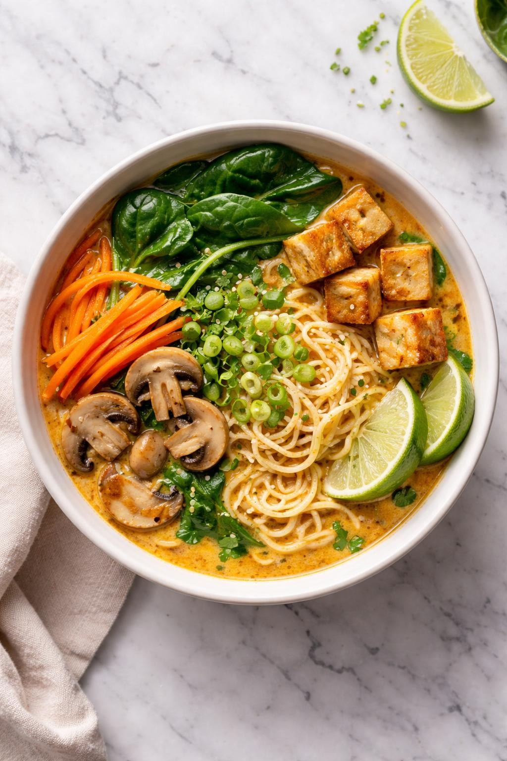 Image Prompt: Realistic top-down editorial food photography of a bowl of coconut curry vegan ramen on a clean white and gray marble countertop, filled with ramen noodles, golden coconut curry broth, carrots, mushrooms, spinach, tofu cubes, green onions, and lime wedges, warm cozy homemade dinner mood, bright natural window lighting, soft shadows, clean composition, high detail, realistic food texture, no people, no hands, no text, no watermarks, no props with writing.