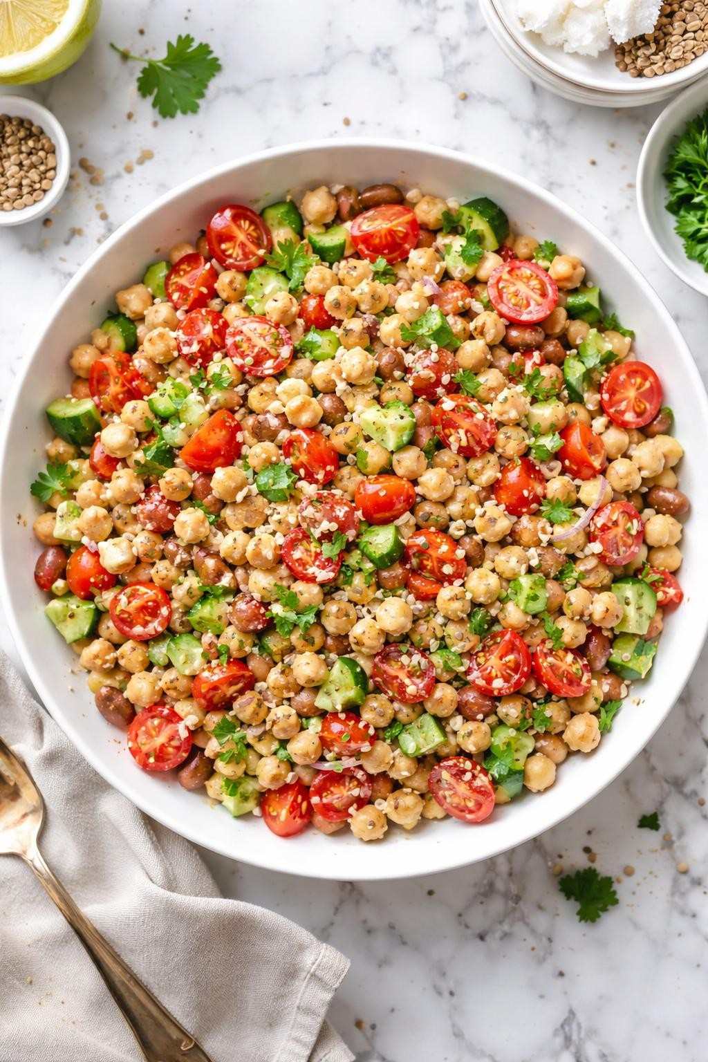 An overheard picture view of a plate of Chickpea and White Bean Protein Power Salad sitting on a marble countertop table in the kitchen, professional food photography style.