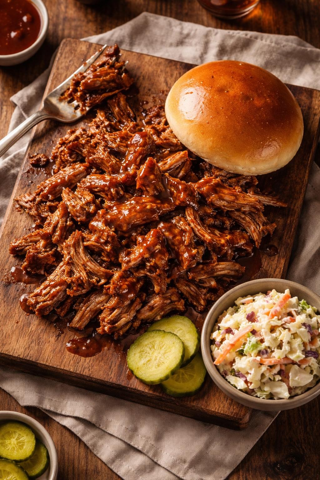 Photo prompt: Realistic top-down editorial food photography of a wooden board piled with shredded pulled pork, glistening with barbecue sauce. A soft hamburger bun, a scoop of coleslaw, and a pickle slice on the side. Rich, smoky, saucy meat texture. Warm, casual family dinner mood. No people, no hands, no text, no watermarks, no props with writing.