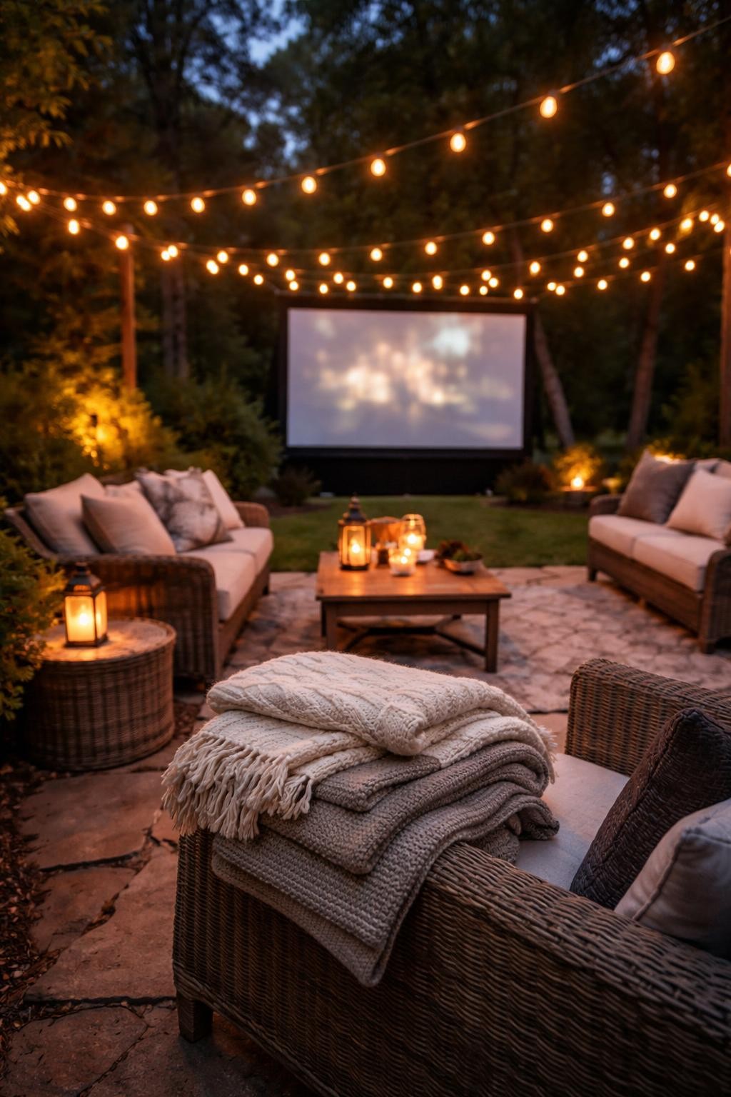 Photo of a backyard seating area with a canopy of string lights overhead and a movie screen visible beyond, corner angle view, setting at dusk with lights glowing, containing a stack of blankets on a chair, iPhone photo quality.