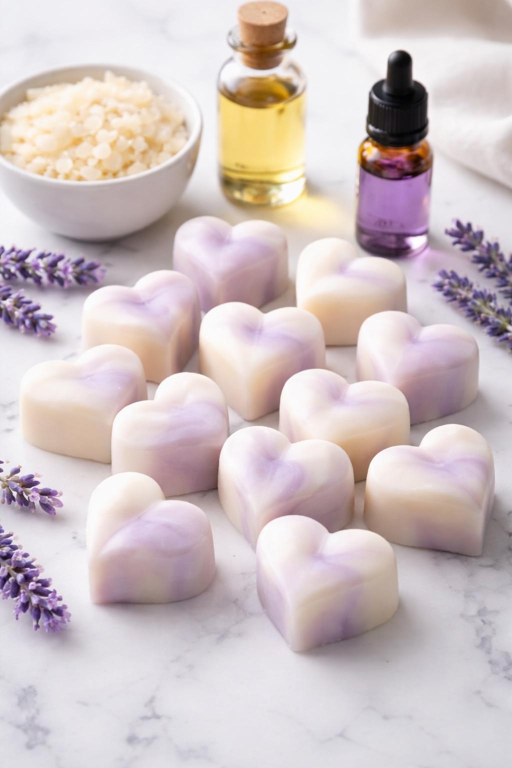 A realistic close-up photo of lavender vanilla wax melts in small heart-shaped pieces with a soft cream and pale purple look, arranged neatly on a clean white marble countertop table. A small bowl of soy wax flakes, a bottle of vanilla fragrance oil, a bottle of lavender essential oil, and a few lavender sprigs are placed neatly around the melts. Bright natural light, crisp detail, realistic texture, clean minimal setup, strong focus on the finished wax melts and their smooth handmade finish, no people, no text, (no watermarks on images)
