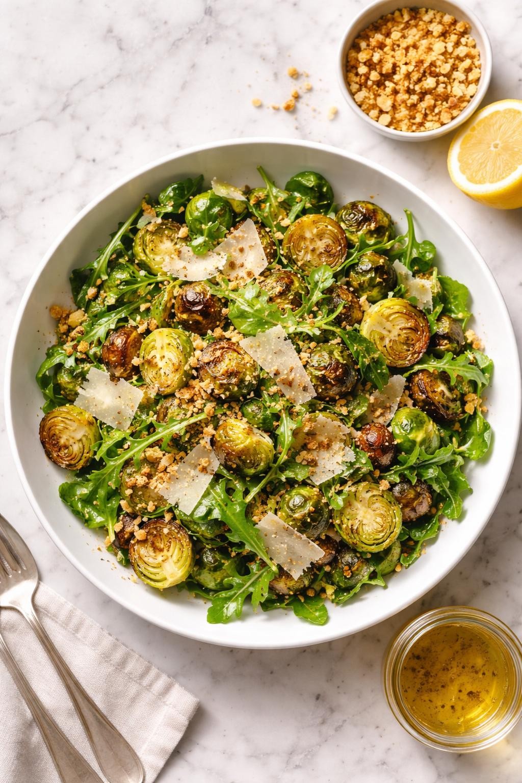 Image Prompt: Realistic top-down editorial food photography of a roasted Brussels sprout salad in a white bowl on a clean light marble countertop, roasted Brussels sprouts tossed with arugula, shaved parmesan, toasted breadcrumbs, and fresh lemon dressing, black pepper sprinkled over the top, bright natural daylight, soft shadows, clean homemade styling, realistic textures, no people, no hands, no text, no watermarks, no props with writing.