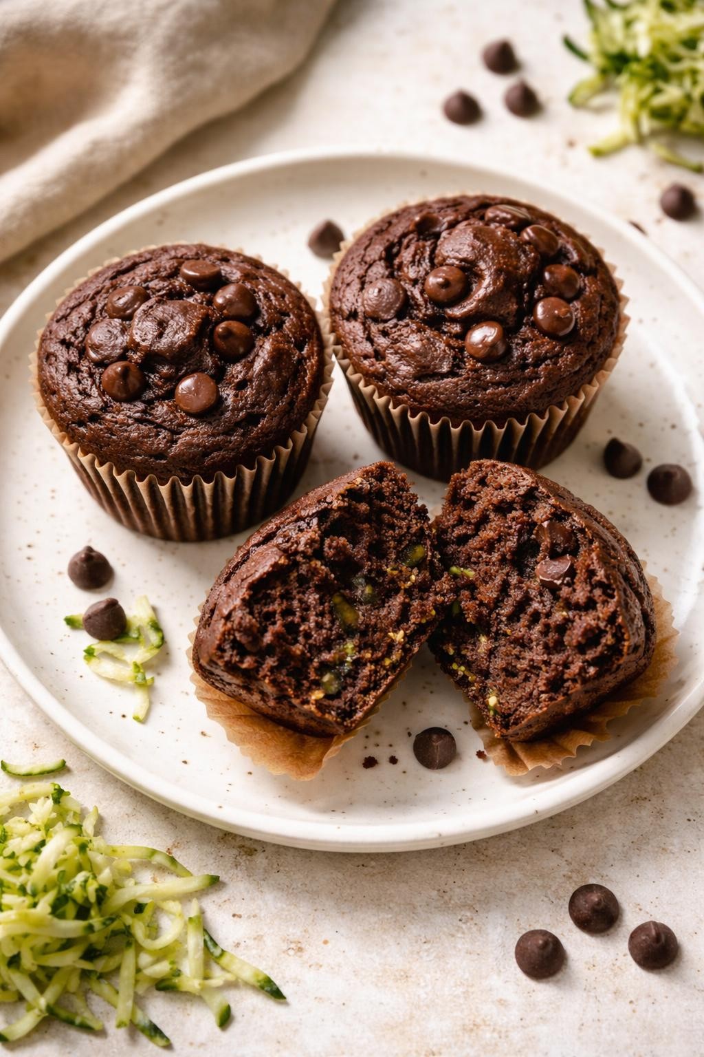 Photo prompt: Realistic top-down editorial food photography of a white plate with two dark chocolate muffins with paper liners. The muffins are rich brown with melty chocolate chips on top. A half-muffin broken open shows a moist crumb with tiny green zucchini shreds. Soft natural light, decadent but secretly healthy dessert mood. No people, no hands, no text, no watermarks, no props with writing.