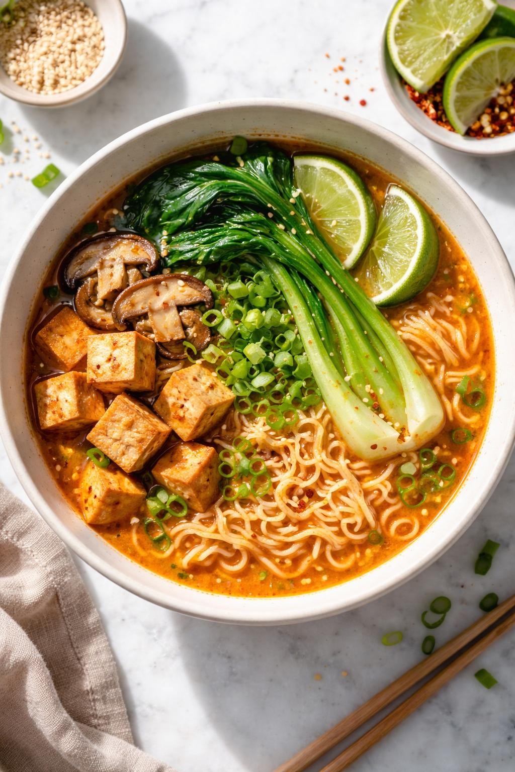 Image Prompt: Realistic top-down editorial food photography of a bowl of sriracha lime vegan ramen on a white marble countertop, filled with ramen noodles, spicy orange broth, mushrooms, tofu, bok choy, green onions, sesame seeds, and fresh lime wedges, bold cozy homemade dinner styling, bright natural daylight, soft shadows, clean editorial composition, high detail, realistic texture, no people, no hands, no text, no watermarks, no props with writing.