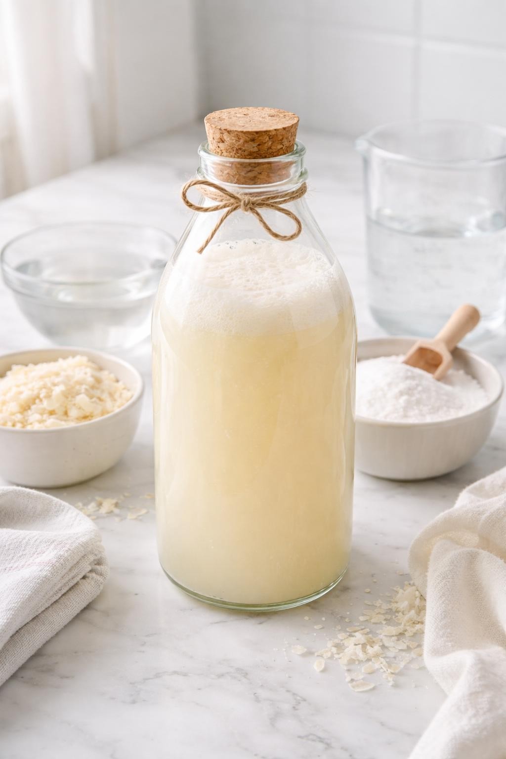 A realistic close-up photo of a large glass bottle filled with homemade liquid laundry detergent made from soap flakes on a clean white marble countertop table. Small bowls of soap flakes, washing soda, warm water, and a measuring jug are placed neatly around the bottle. Bright natural light, crisp detail, realistic texture, clean minimal setup, strong focus on the liquid detergent bottle and clean ingredients, no people, no text, (no watermarks on images)