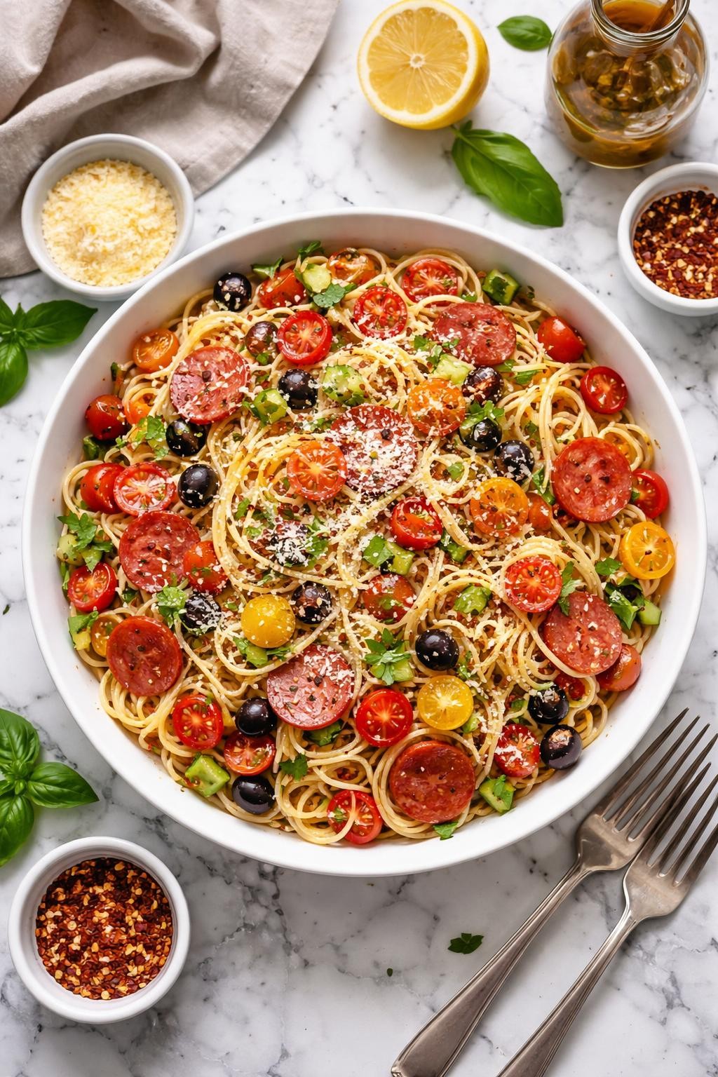 An overheard picture view of a plate of  Zesty Spaghetti Salad with Pepperoni  sitting on a marble countertop table in the kitchen, professional food photography style.
