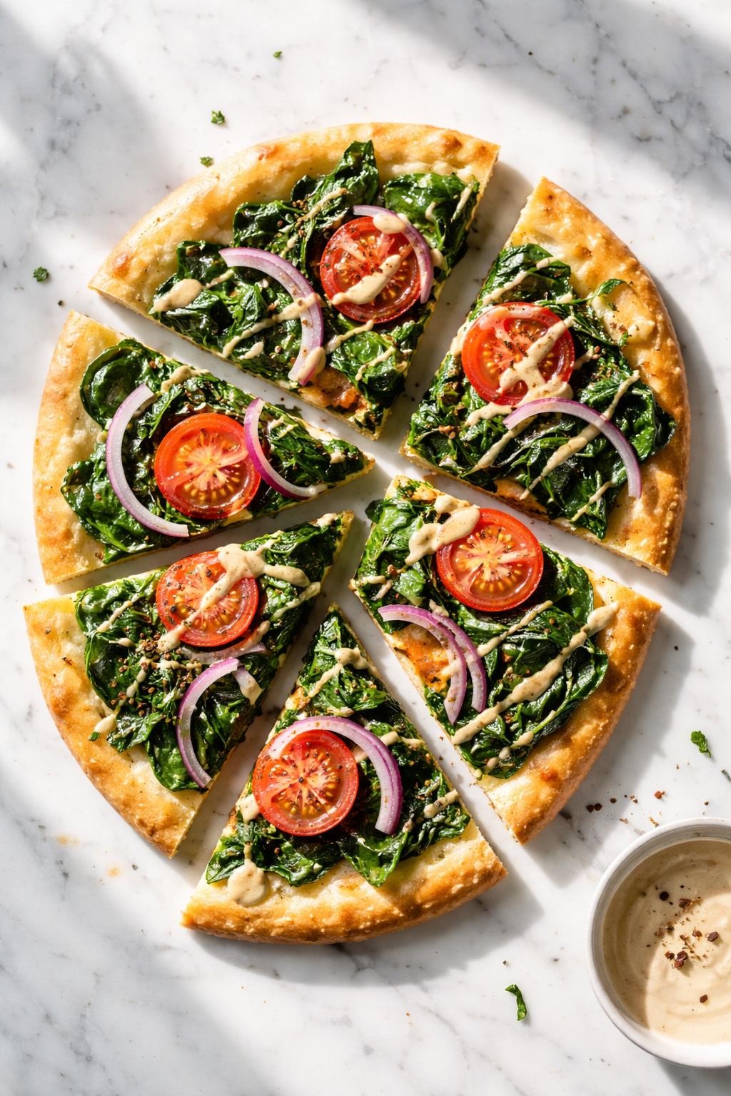 Image Prompt: Top-down realistic editorial food photography of vegan spinach flatbread on a clean white marble countertop, warm flatbread topped with wilted spinach, sliced tomatoes, red onion, and a light drizzle of sauce, cut into slices, fresh simple homemade meal mood, bright natural daylight, soft shadows, high detail, no people, no hands, no text, no watermarks, no props with writing.