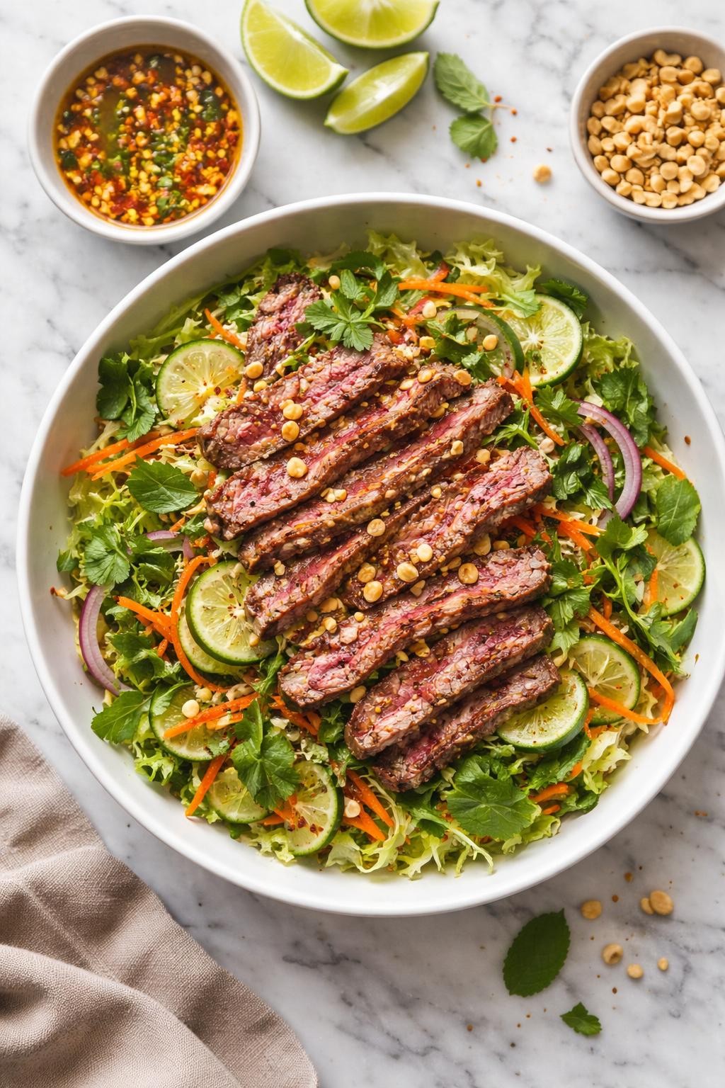 Image Prompt: Realistic top-down editorial food photography of a Thai-inspired steak salad in a white bowl on a marble countertop, sliced steak over shredded lettuce, cucumber, carrots, herbs, and red onion, lime dressing with fish sauce and chili lightly coating the salad, chopped peanuts scattered over the top, bright natural lighting, soft shadows, high detail, realistic food texture, clean editorial styling, no people, no hands, no text, no watermarks, no props with writing.