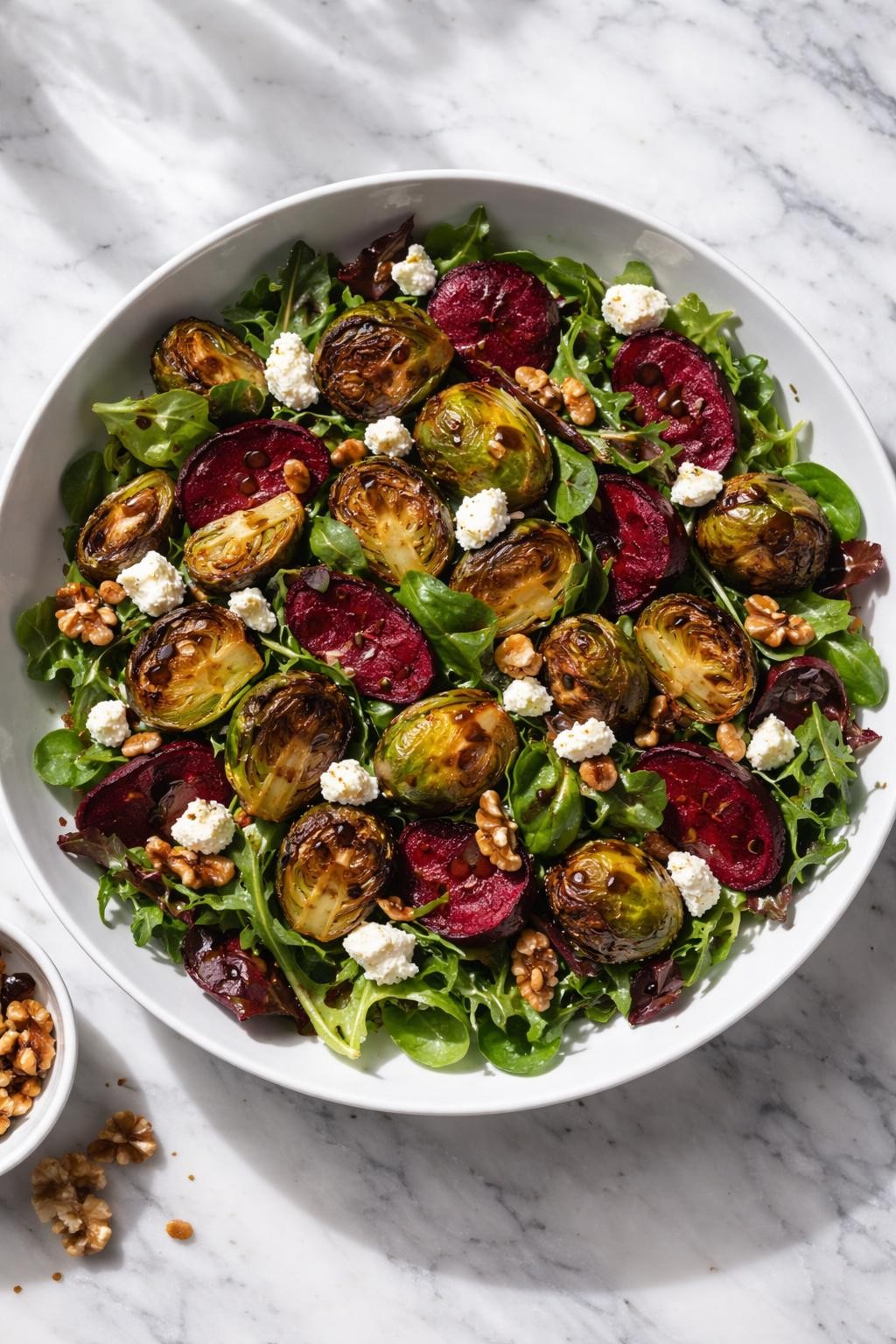 Image Prompt: Realistic top-down editorial food photography of a roasted Brussels sprout salad with beets and goat cheese in a shallow white bowl on a marble countertop, roasted Brussels sprouts with roasted beet slices, mixed greens, goat cheese crumbles, walnuts, and balsamic dressing, bright natural daylight, soft shadows, clean editorial food styling, realistic textures, no people, no hands, no text, no watermarks, no props with writing.