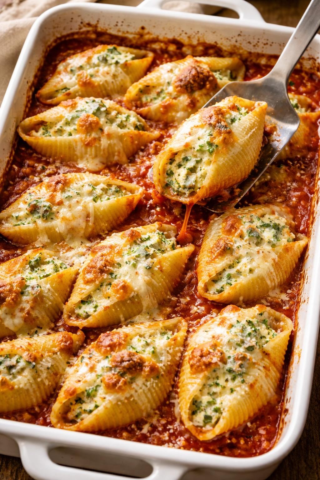 Photo prompt: Realistic top-down food photography of a baking dish filled with jumbo pasta shells stuffed with green-flecked ricotta cheese, sitting in a pool of tomato sauce. Melted mozzarella and Parmesan on top, lightly browned. A spatula lifting one shell. Warm, cheesy Italian dinner mood. No people, no hands, no text, no watermarks, no props with writing.