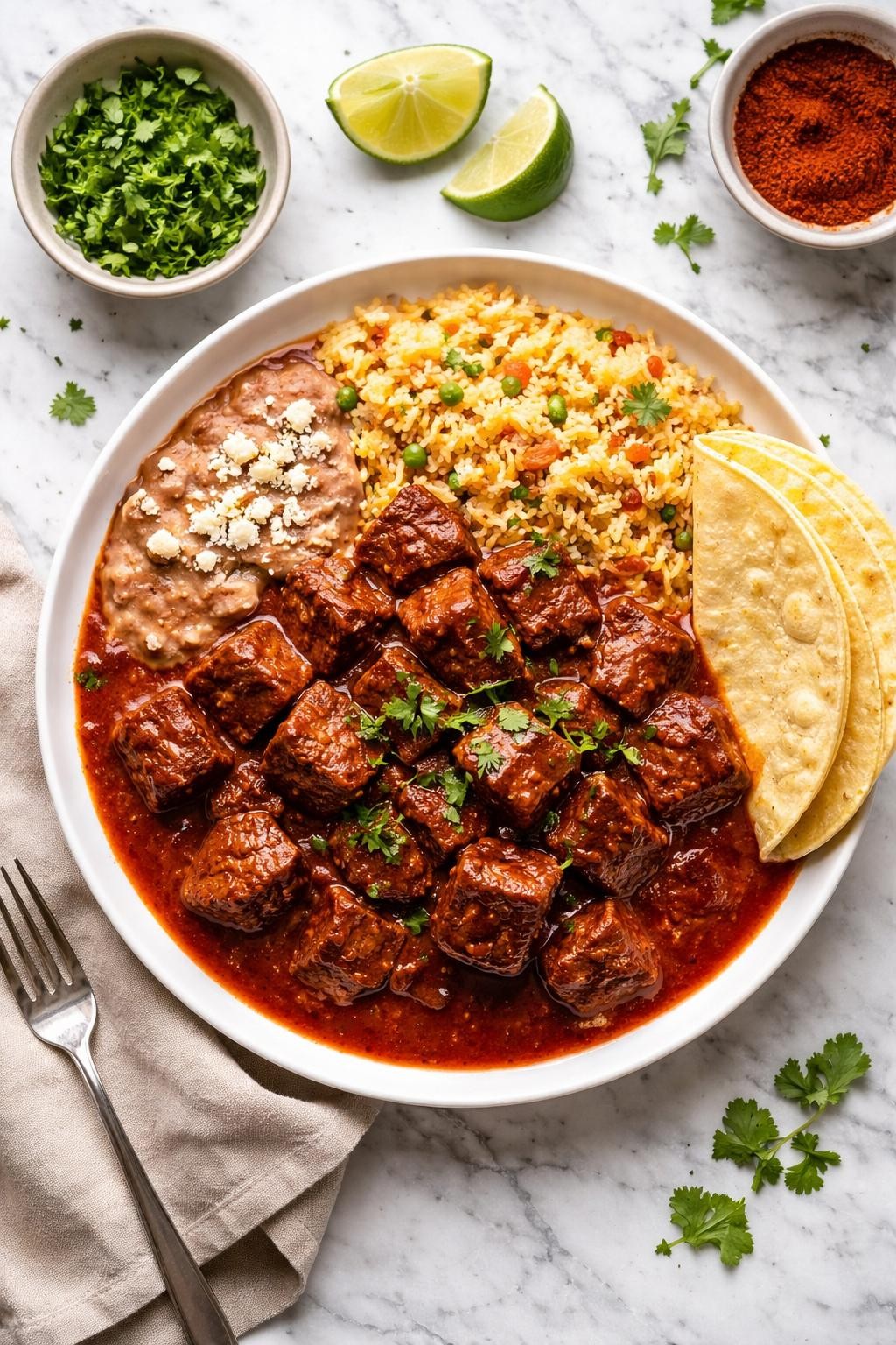 An overheard picture view of a plate of  Chile Colorado  sitting on a marble countertop table in the kitchen, professional food photography style.
