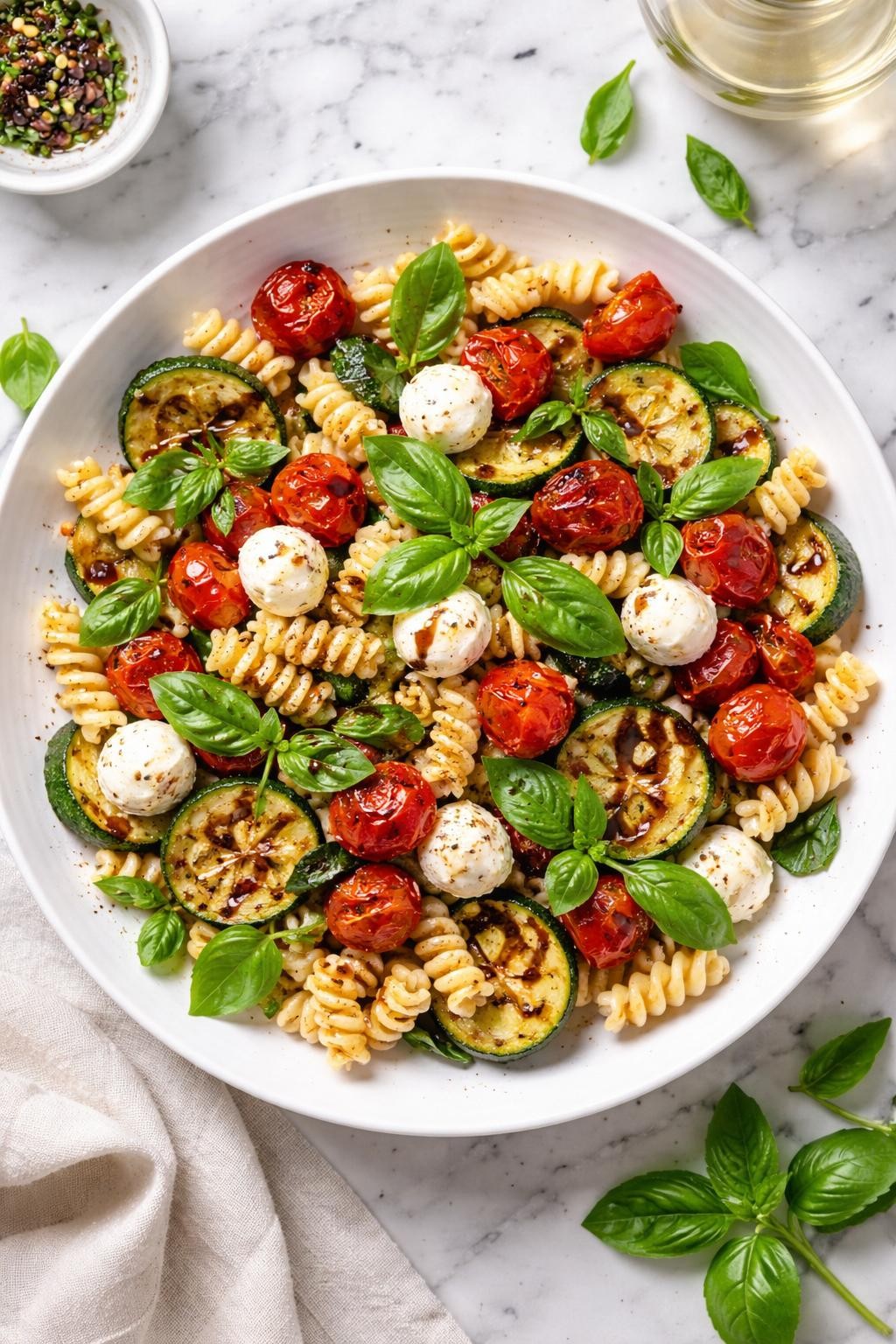 An overheard picture view of a plate of Caprese Pasta Salad with Grilled Vegetables   sitting on a marble countertop table in the kitchen, professional food photography style.
